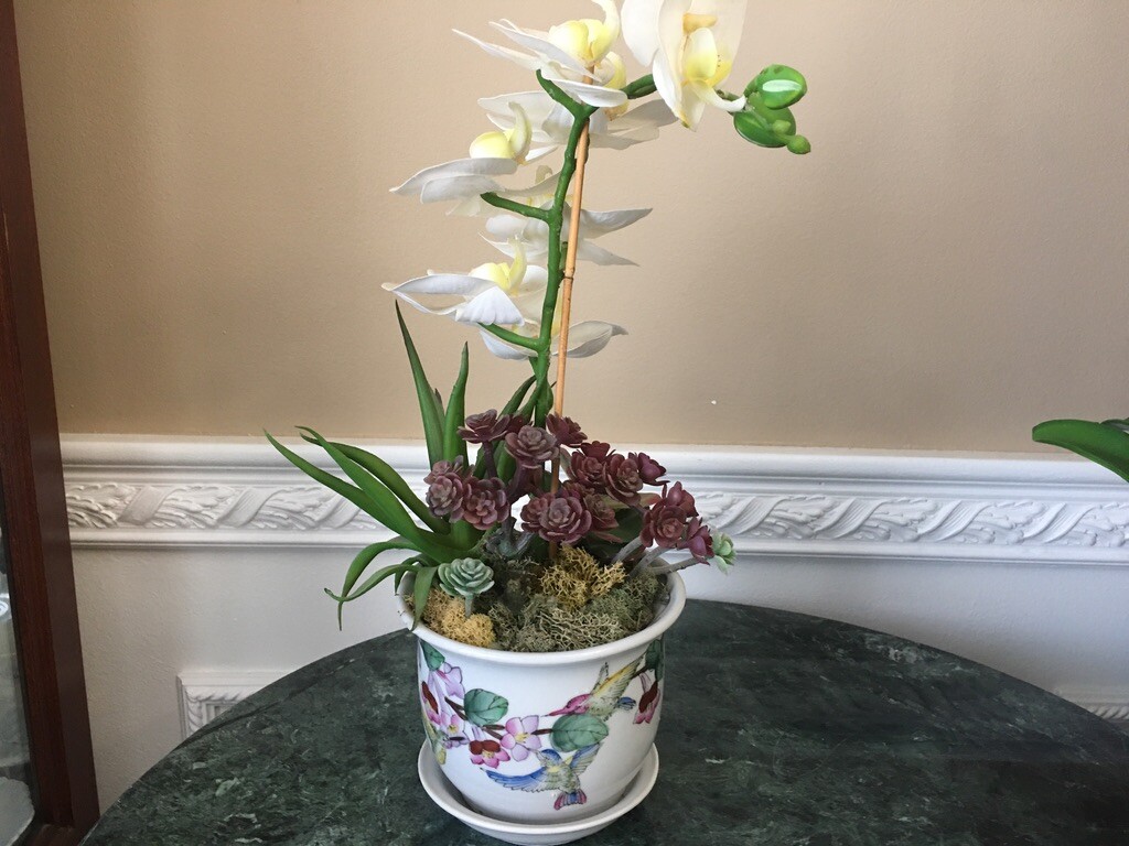Silk Floral Arrangement White Orchids, Purple and green succulents Hummingbird