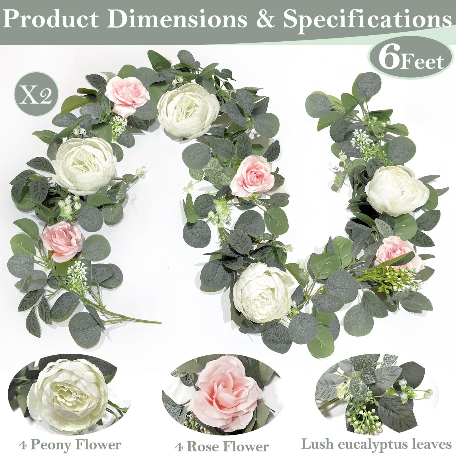 2 Pack Artificial Eucalyptus Flower Garland with 16 White Peony Pink Rose, 13…