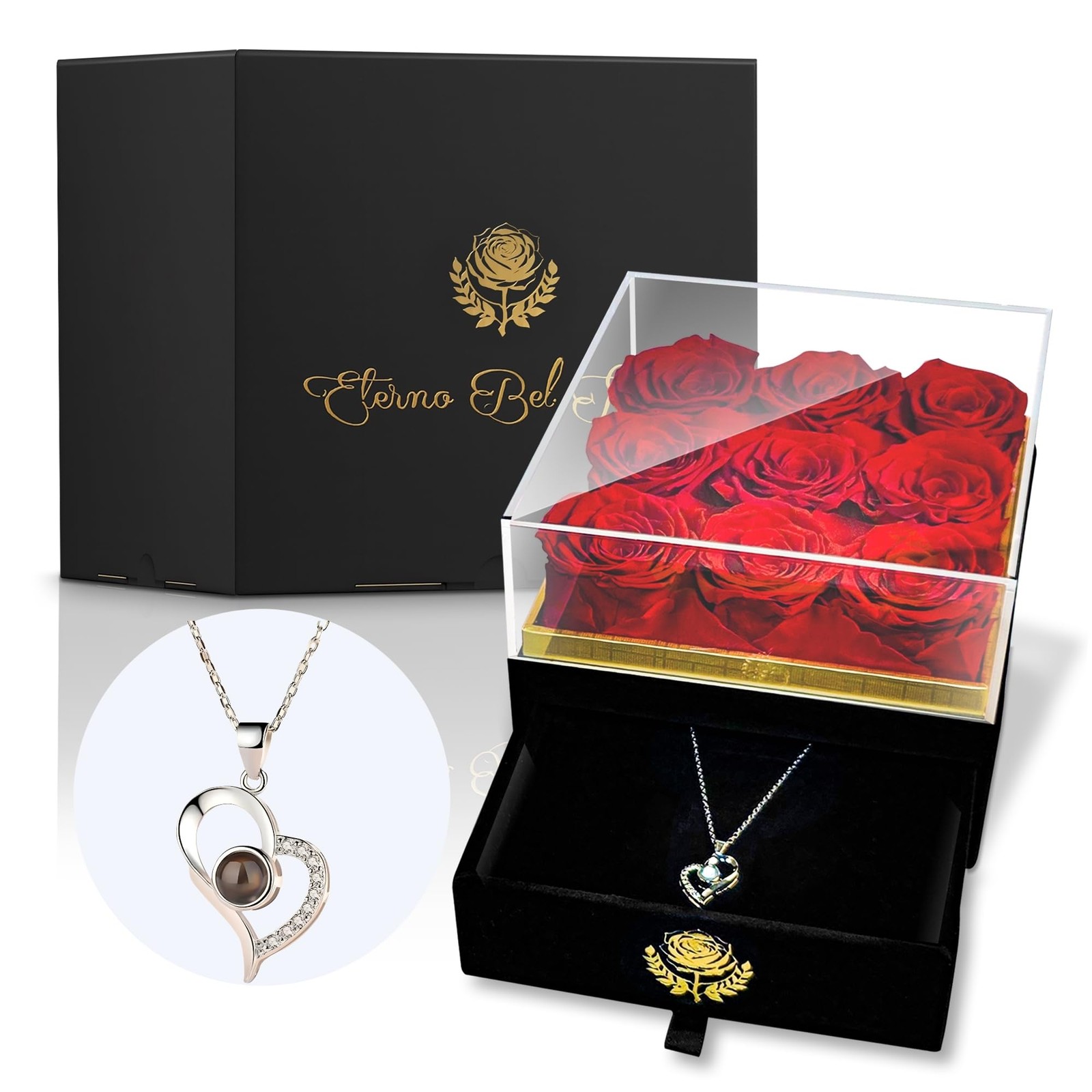 Eterno Bel Fiore Luxury Preserved Roses – I Love You Necklace – Velvet Box wi…