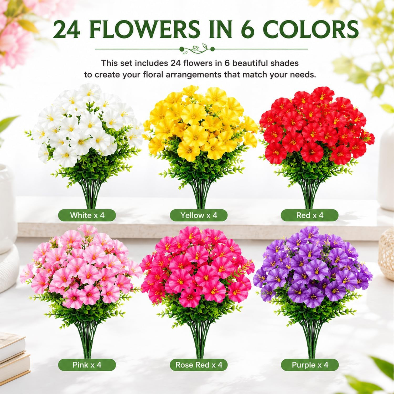 24 Bundles Artificial Flowers for Outdoors UV Resistant, Fake Silk Flowers for O