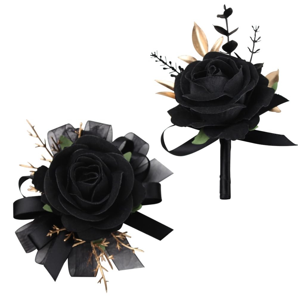 2 PCS Black Rose Wrist Corsage Wristlet Boutonniere Set Wedding Prom Flower