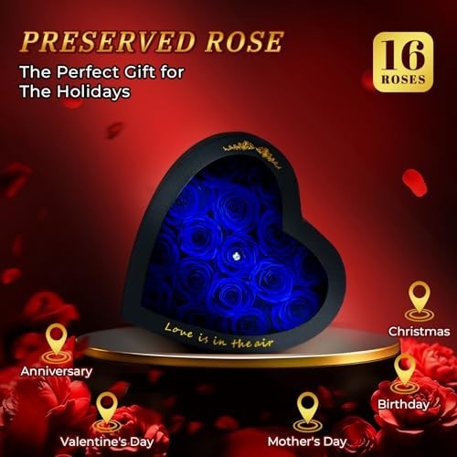 Heart-Shaped Blue Roses in Box – 16 Preserved Real Flowers for Eternal Gifts