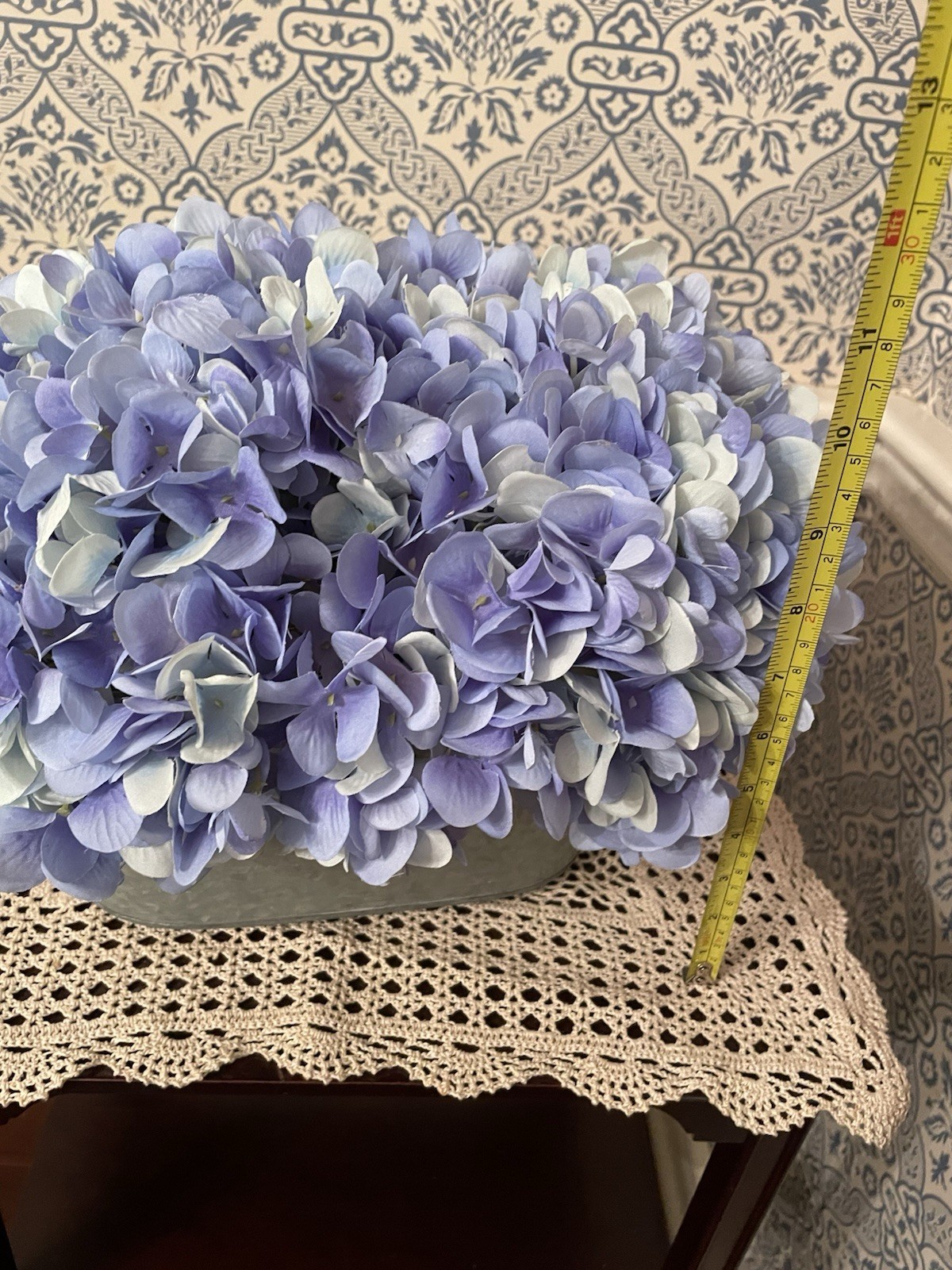 Blue Hydrangeas Silk Floral Table Arrangement In Metal Planter 12” Wide