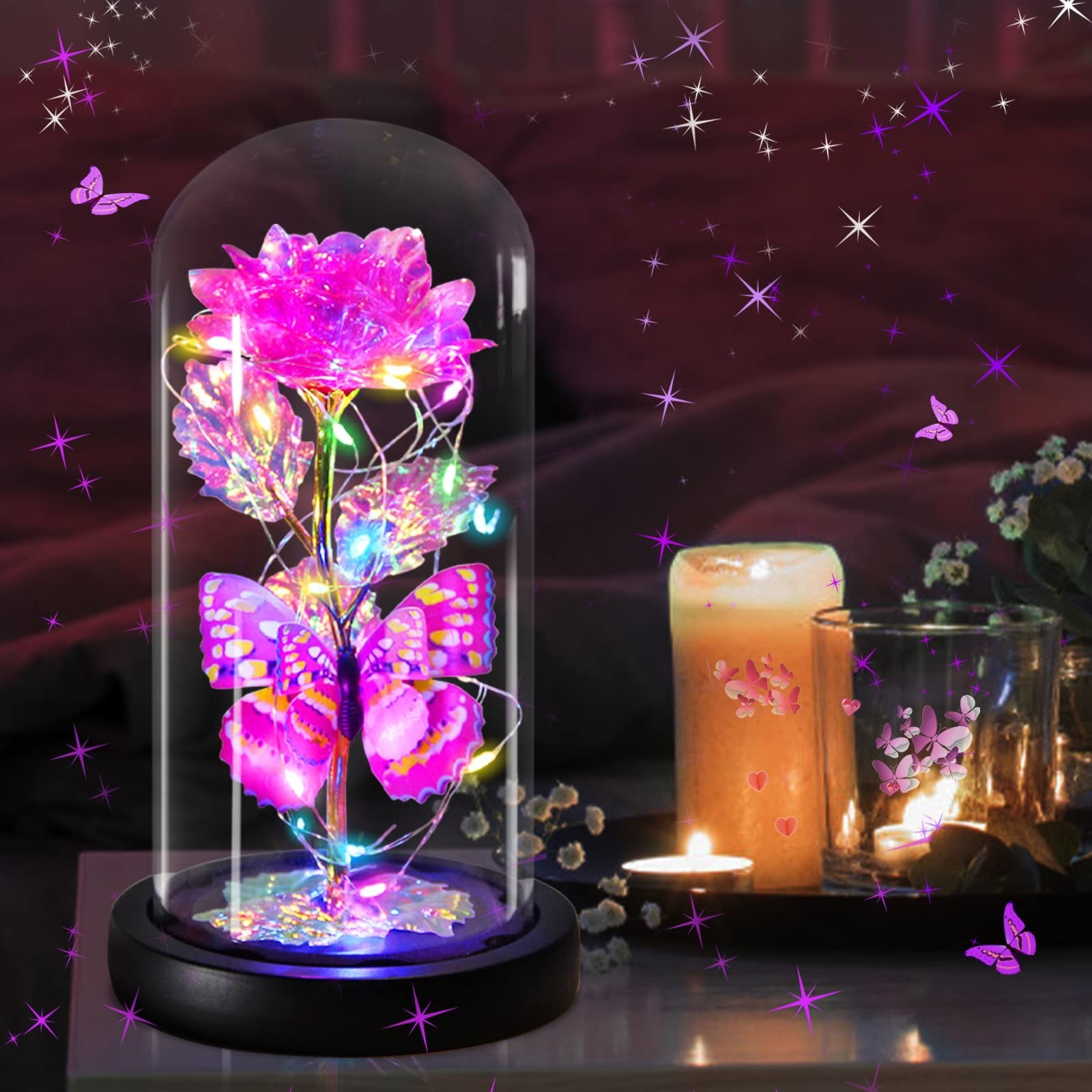 Light Up Pink Butterfly Rose in Glass Dome – Eternal Valentine’s Gift for Her