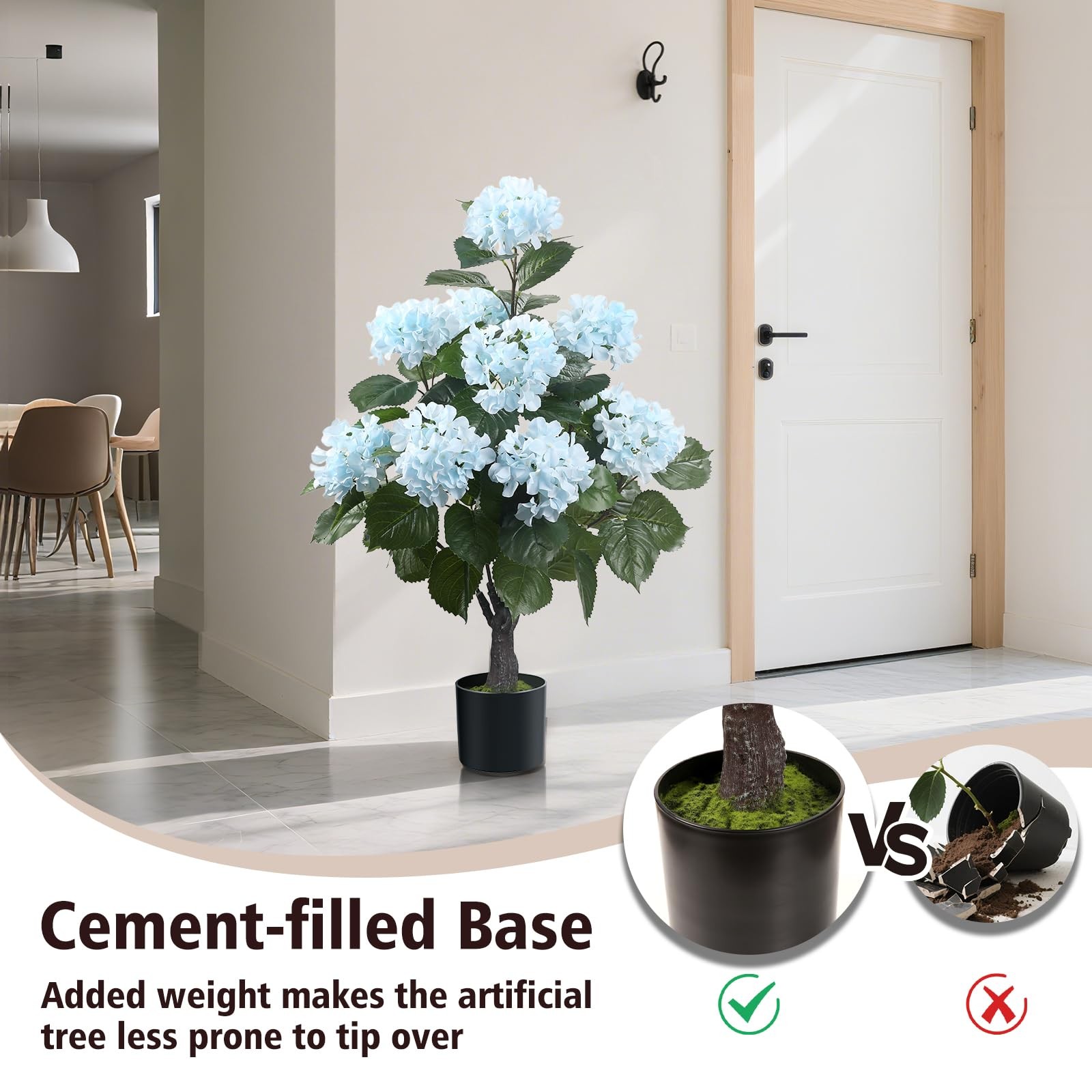 38″ Artificial Hydrangea Tree in Pot, Faux Potted Silk Hydrangea Plant for In…