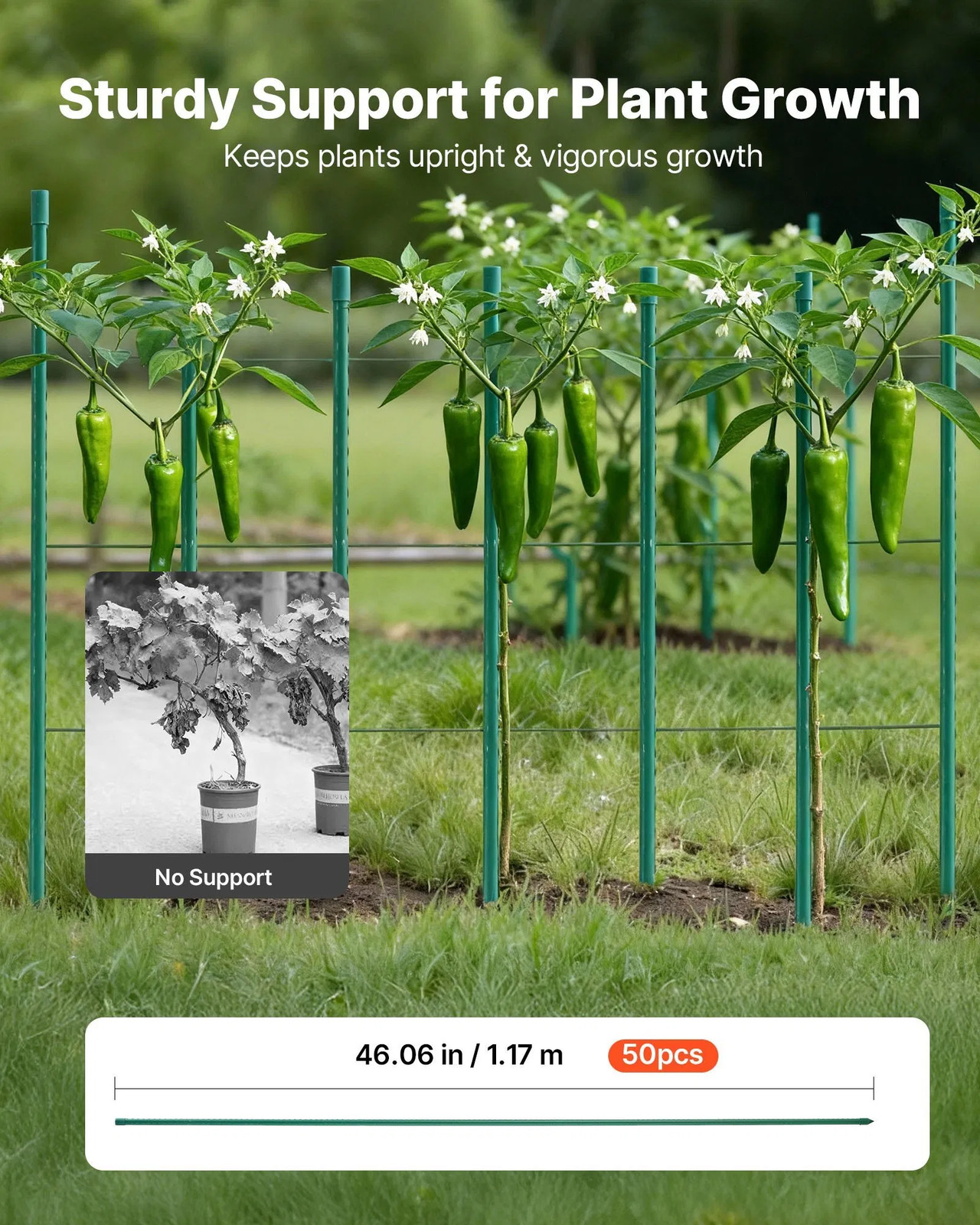 Garden Stakes, 50 Pack, 46.06 inch, Plastic Coated Metal Tomato Stakes, Garden S