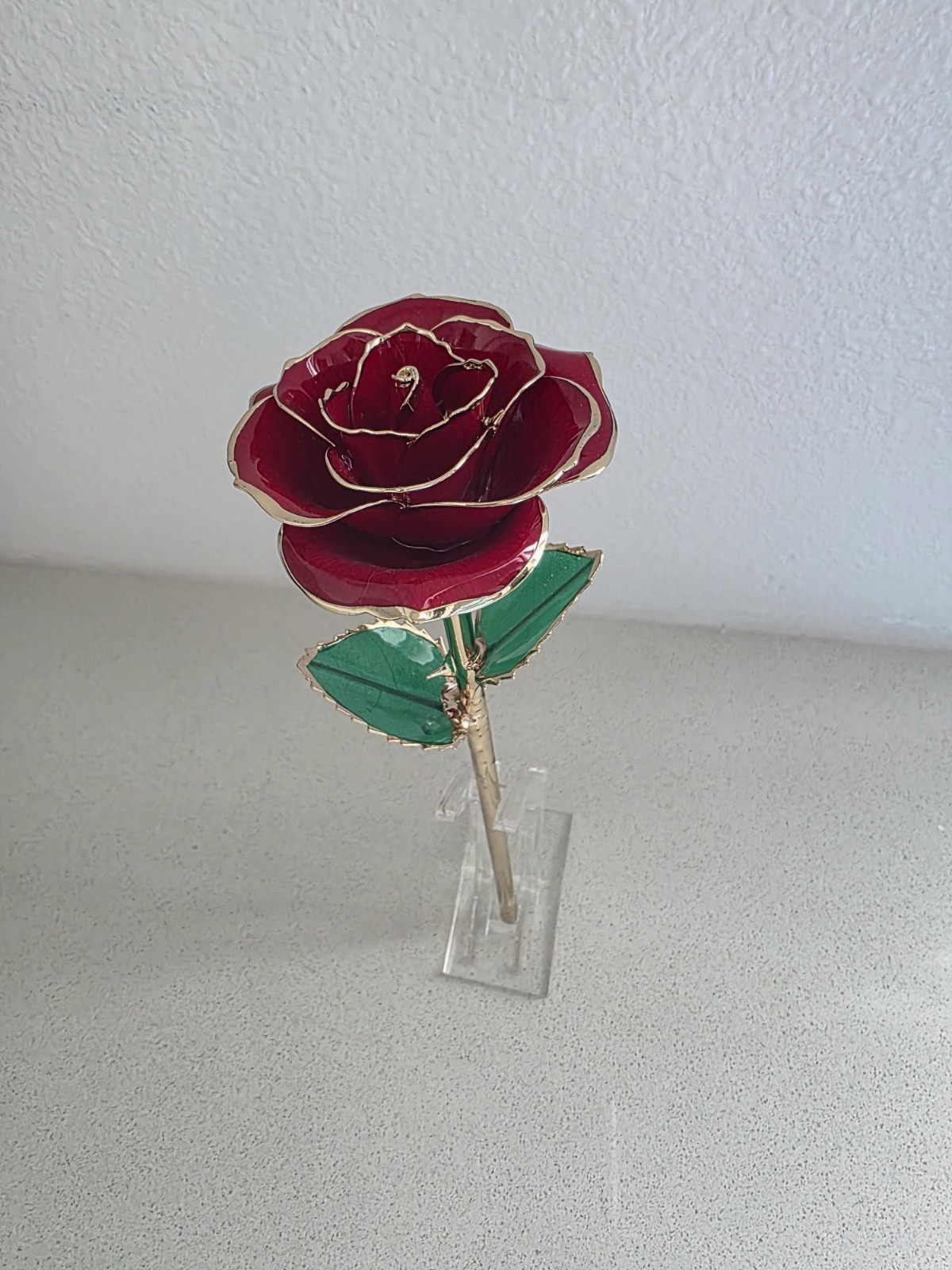 RED ROSE – Luohe, Real Preserved, Dipped in Gold, Long Stem, New In Open Box