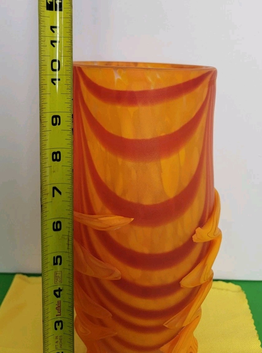 Art Glass 10.25″ x 4.5″ Vase – Orange & Red Swirled Vase With Three Feet
