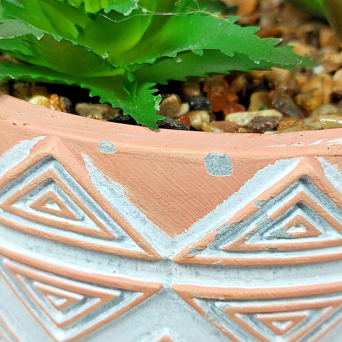 Modern Coastal Geometric Tribal Pattern Planter Pot w/ Faux Succulent Mix Peach