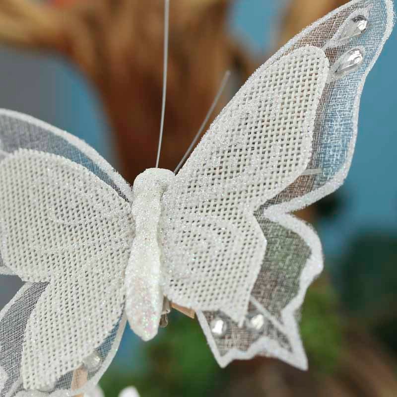 12 White Sparkling Glitter & Rhinestone Burlap Artificial 5-1/4″ Butterflies
