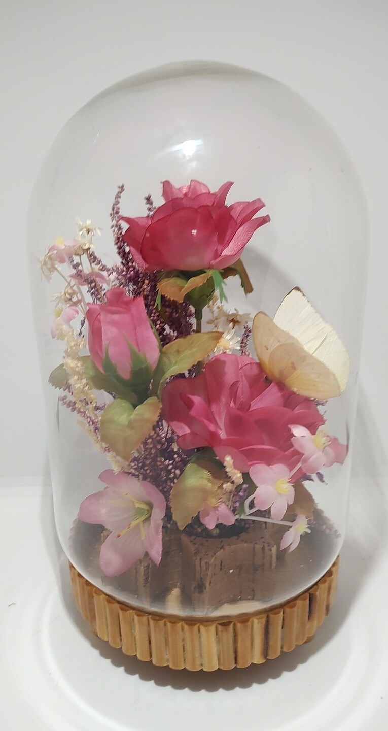 Vintage Plastic and Dried Flowers in Cloche Allied Enterprises Inc. 8.5 inches