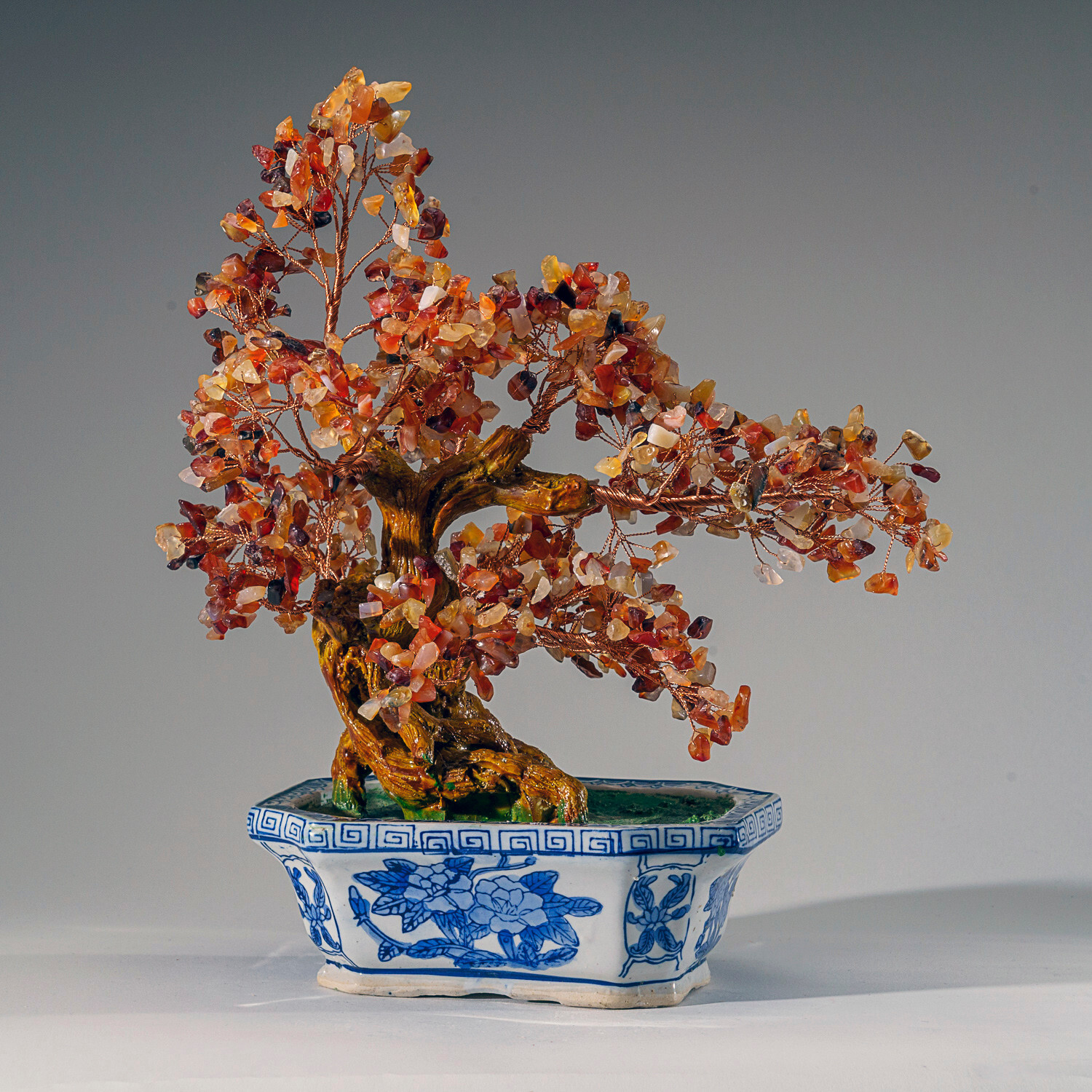 Genuine Carnelian Bonsai Gemstone Tree in Square Ceramic Pot (12”)
