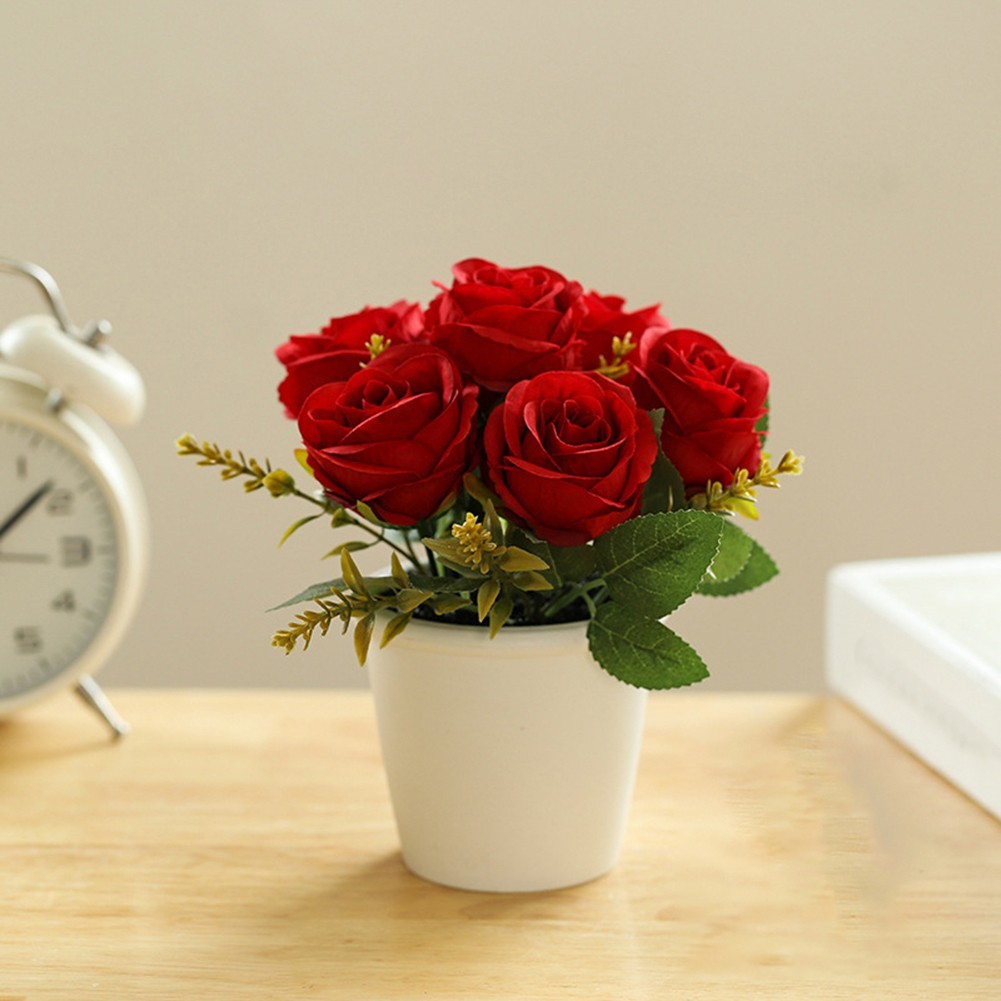 Artificial Rose Flower Small Tree Pot Fake Plants Potted Decoration Garden Decor