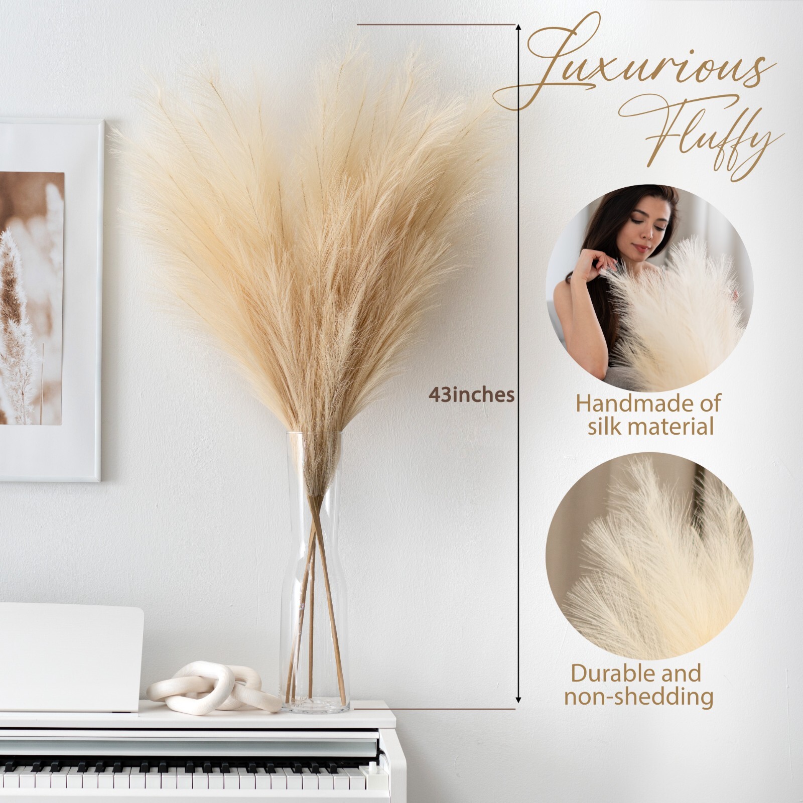5 Stems of Extra Large Silk Faux Pampas Grass (43”/110cm-Beige)