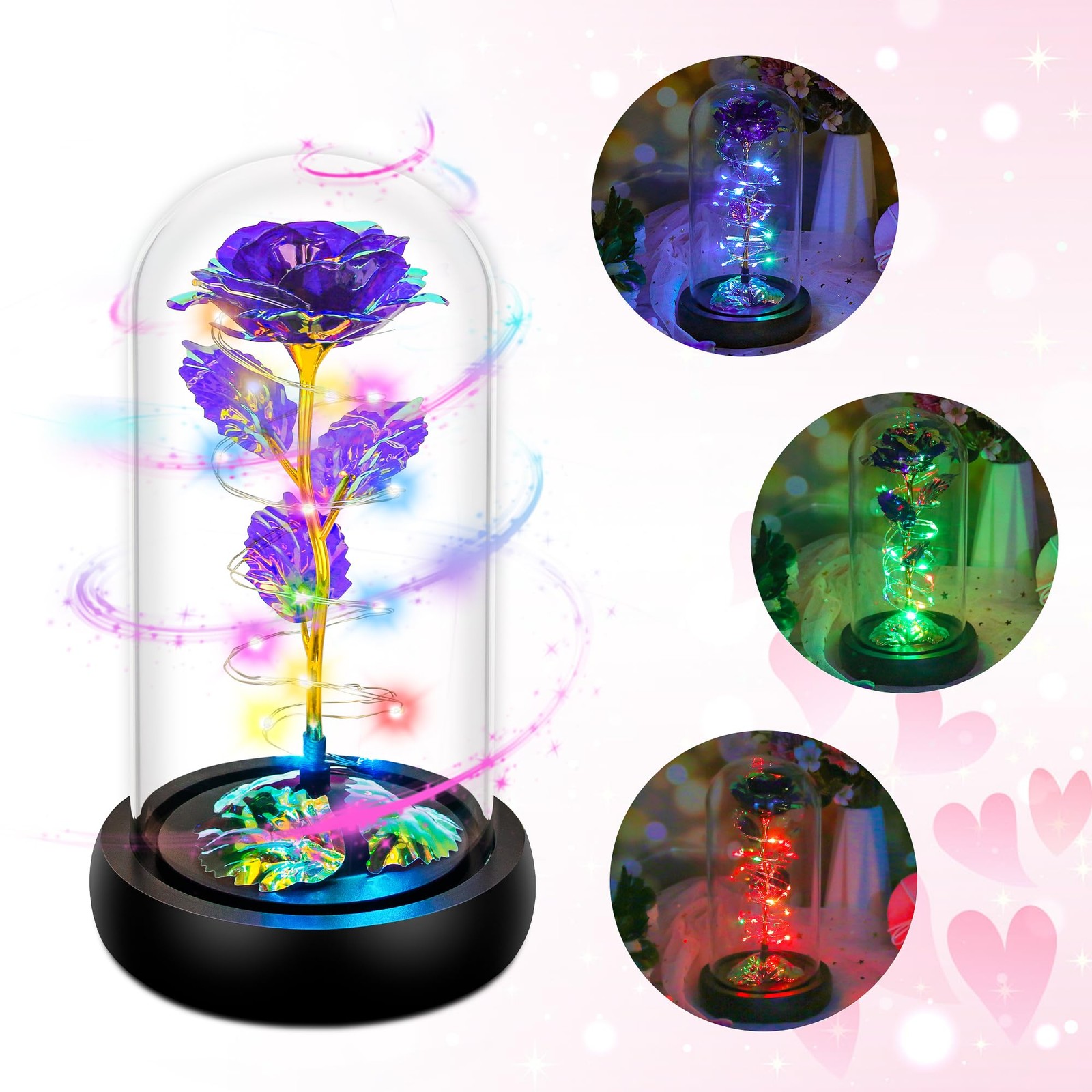 Rotating Colorful Purple Rose in Glass Dome Unique Valentines Day Gift for Her