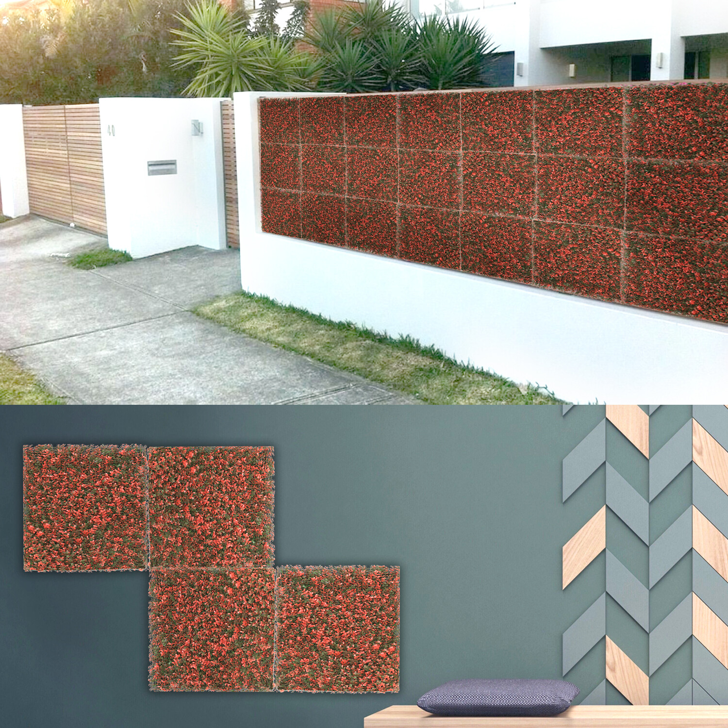 20″x20″ Artificial Grass Wall Hedge Decor Privacy Fence Panel, Red Buxus