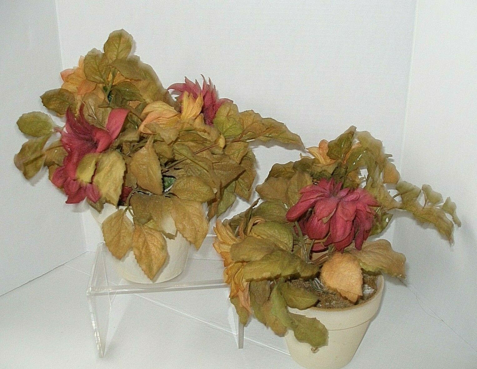 Pailr of Planters with Silk Flower Arrangements Fall Colors Burgundy Mustard New