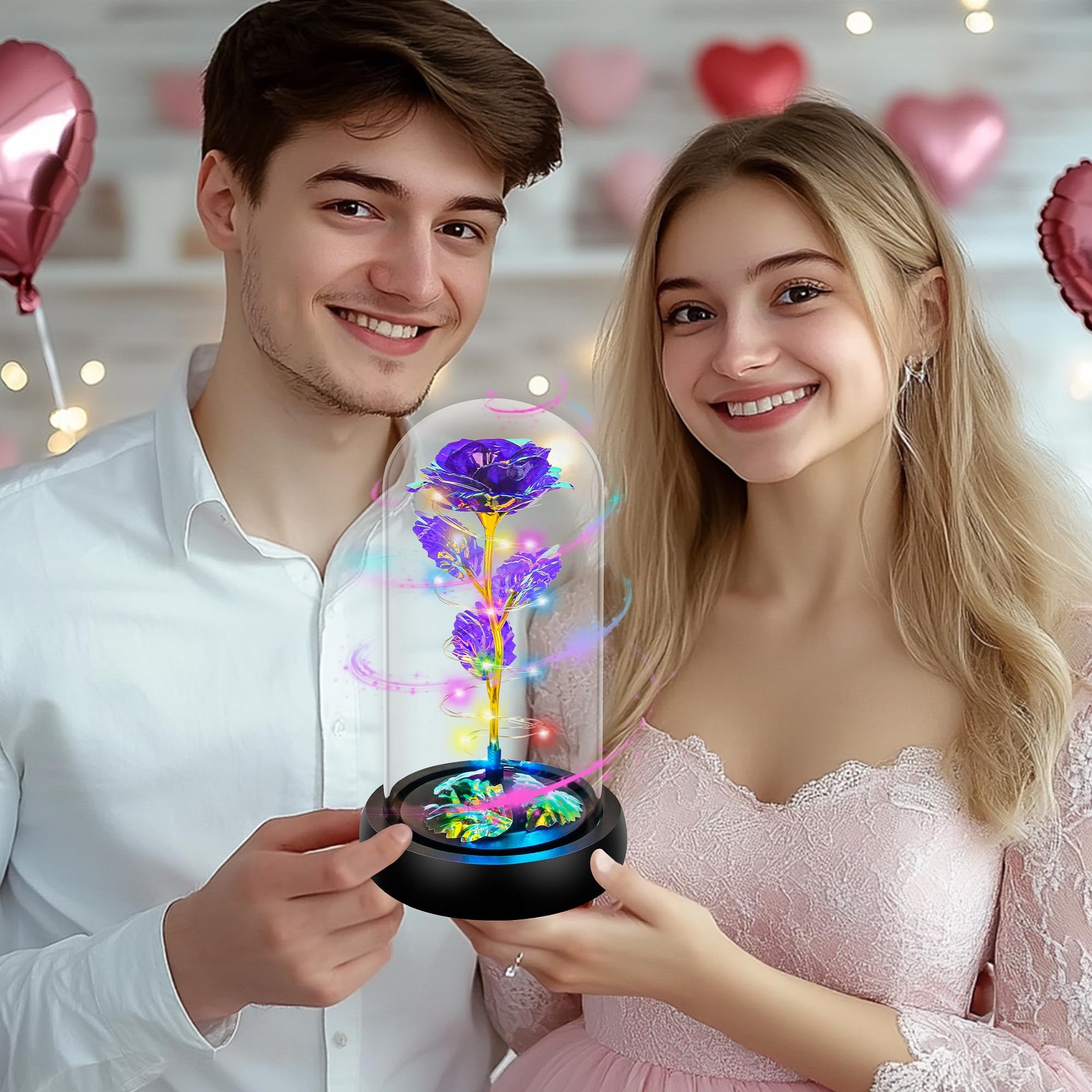 Rotating Colorful Purple Rose in Glass Dome Unique Valentines Day Gift for Her