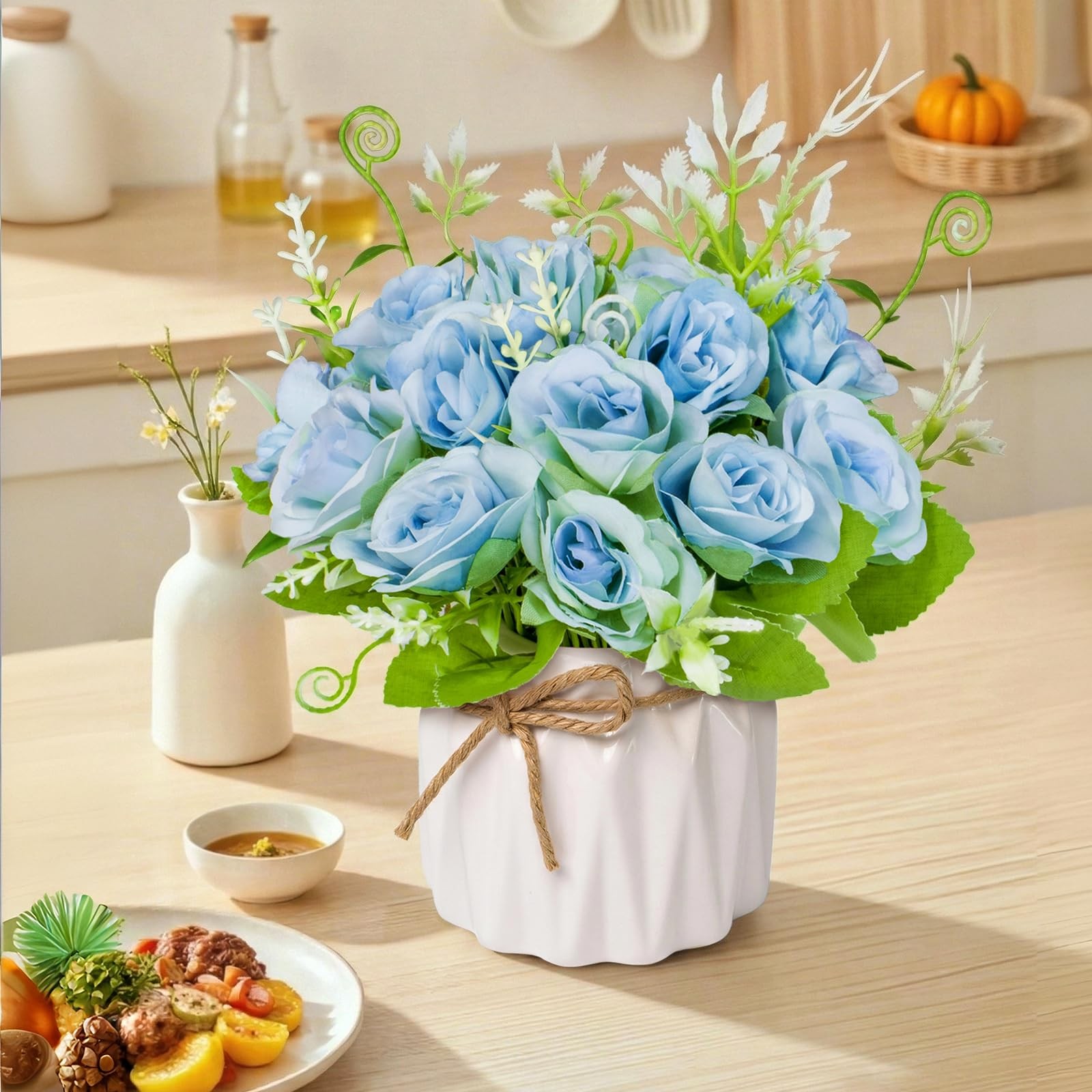 Blue Artificial Roses with Ceramic Vase, No Maintenance Fake Flowers for Tabl…