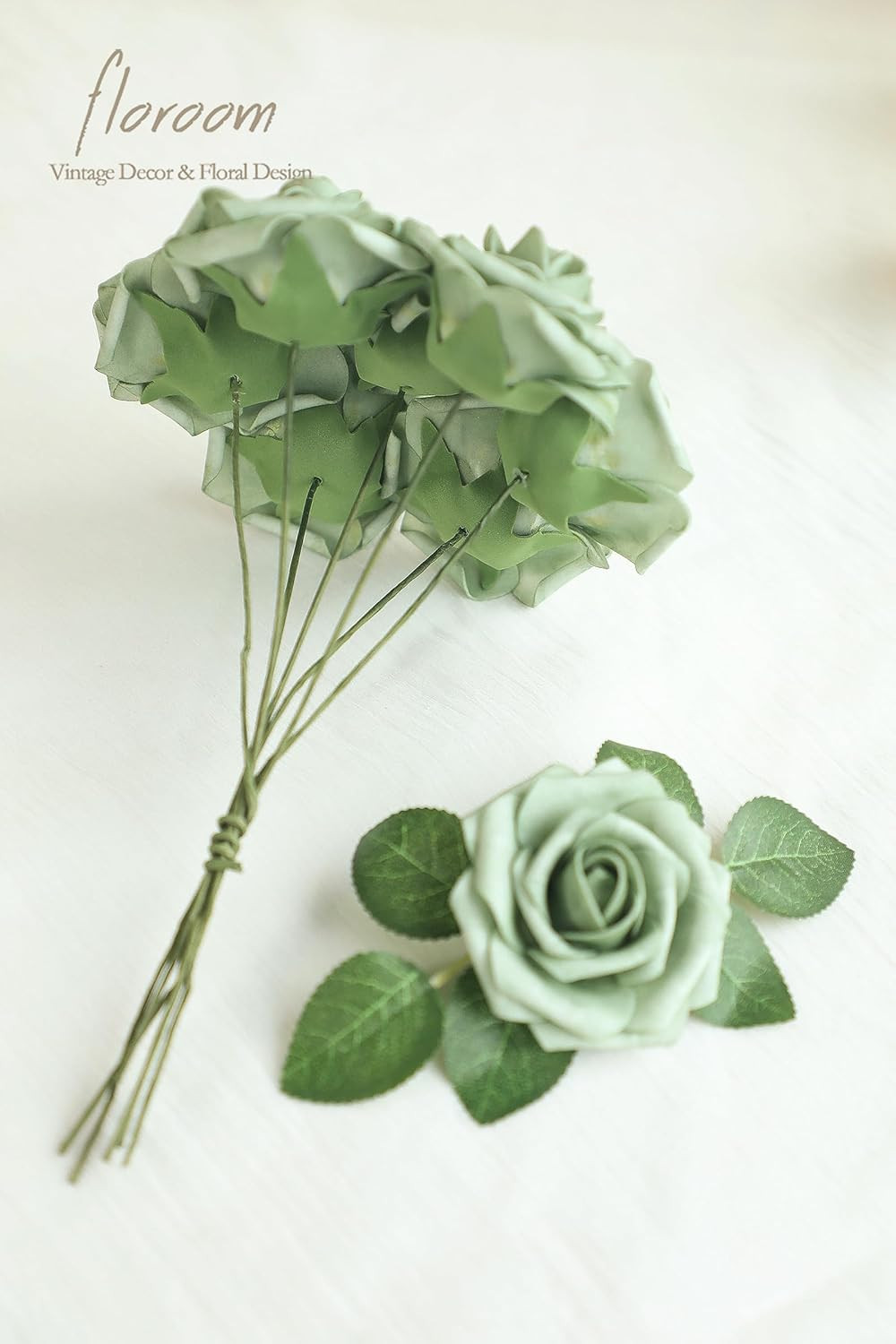 Artificial Flowers 25Pcs Real Looking Elf Green Foam Fake Roses with Stems fo…