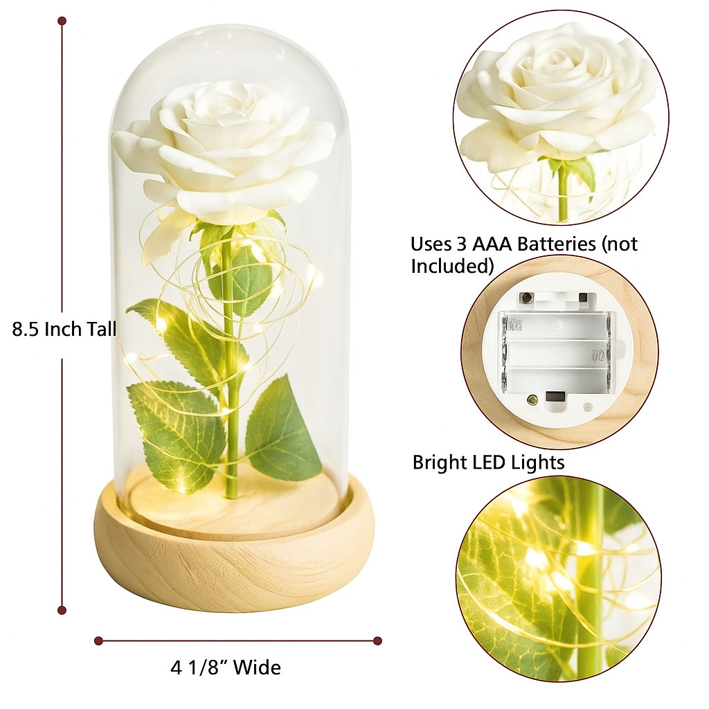 LED White Rose in Dome Romantic Light-Up Gift for Weddings Valentine Anniversary