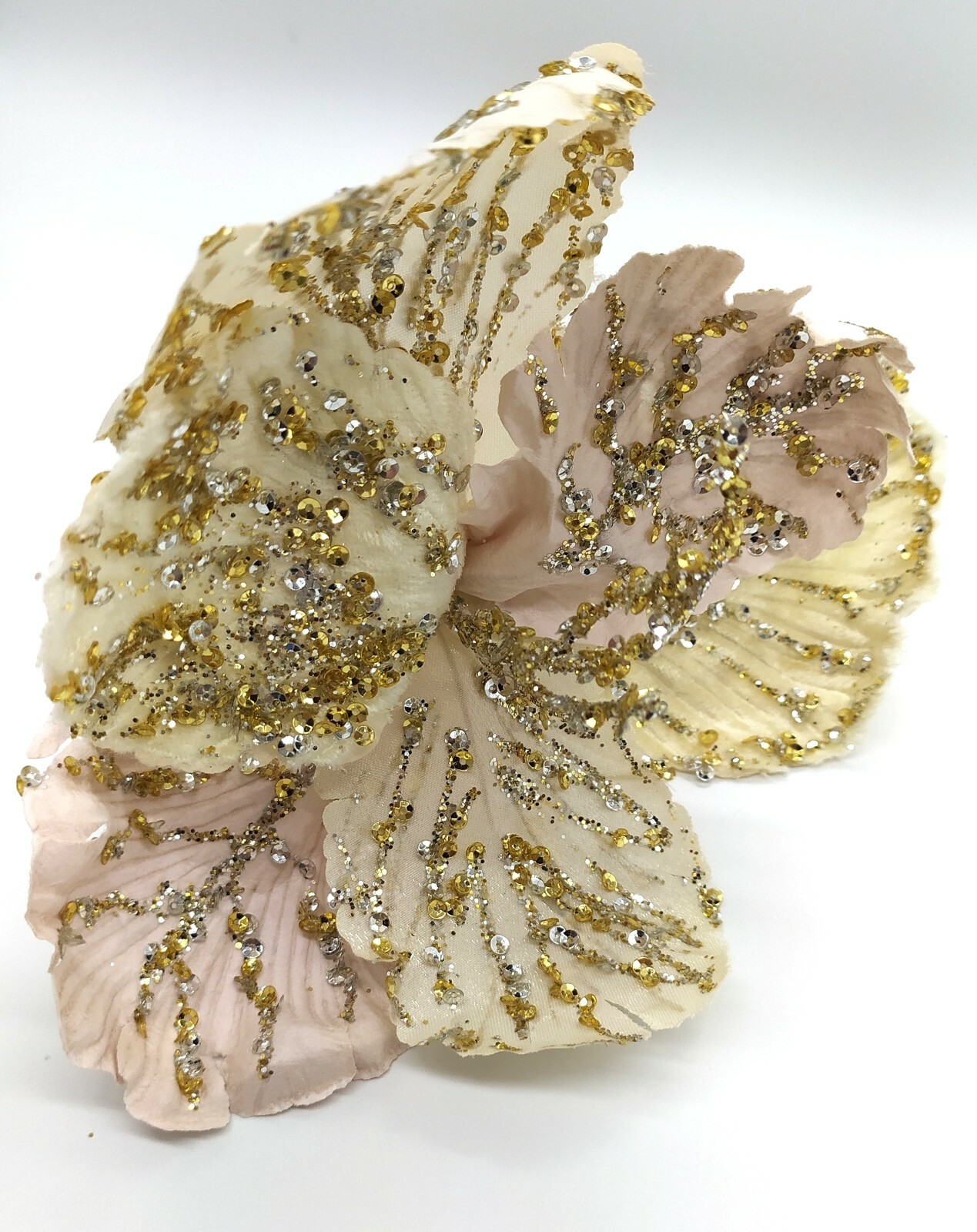F011 Cream Hibiscus Glittered Clip On Christmas Decoration Artificial Flower