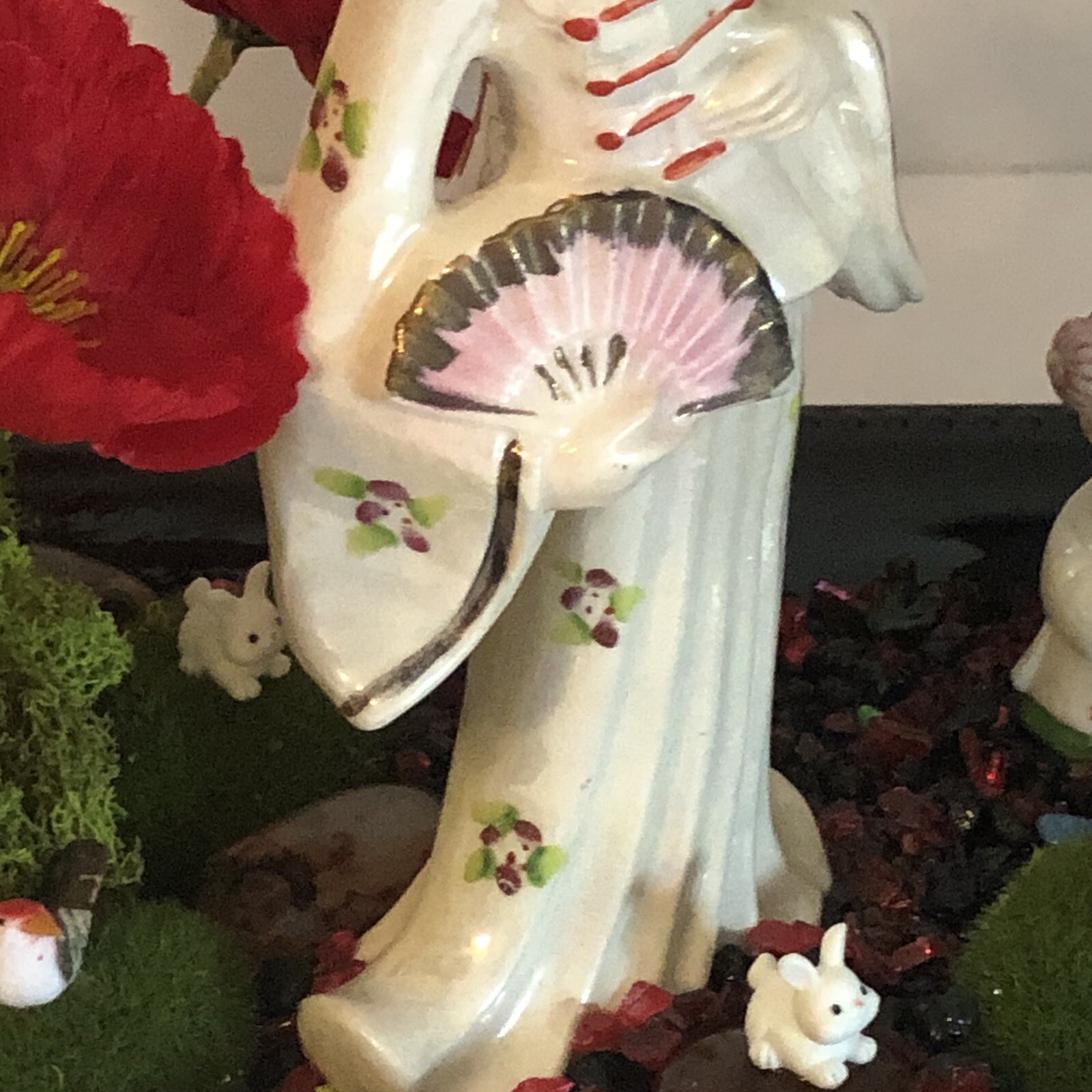 OOAK Asian Art Assemblage Geisha Garden Diorama Faux Poppies Home Decor