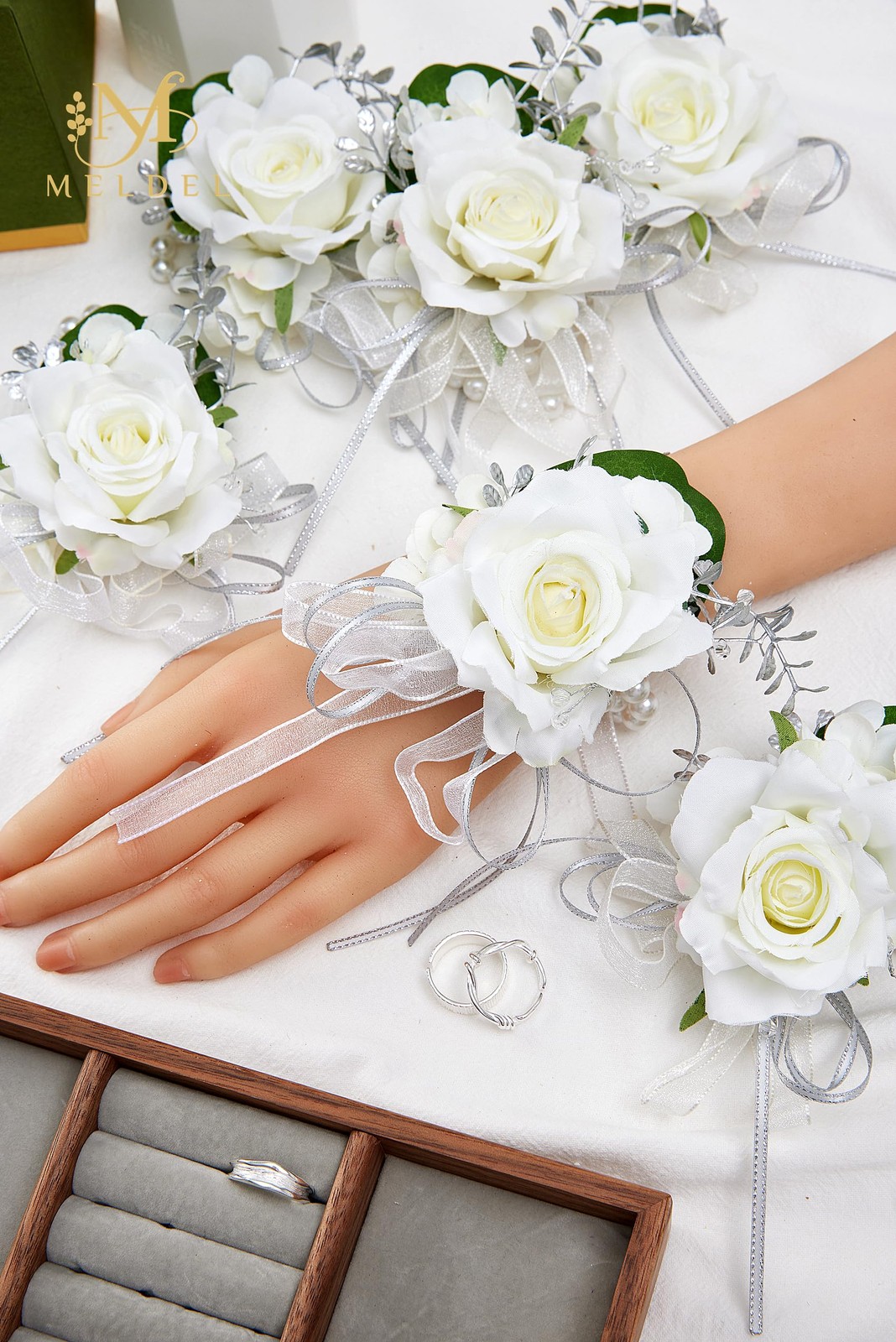 6 PCS Artificial White Rose Wrist Corsage Prom Wedding Bride Party Women