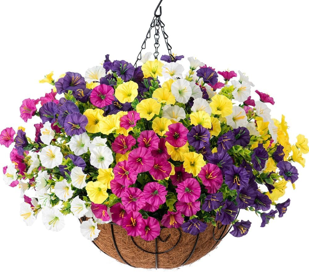 Artificial Hanging Flowers Faux Plants Basket for Outdoors Spring Decor, Fake Si