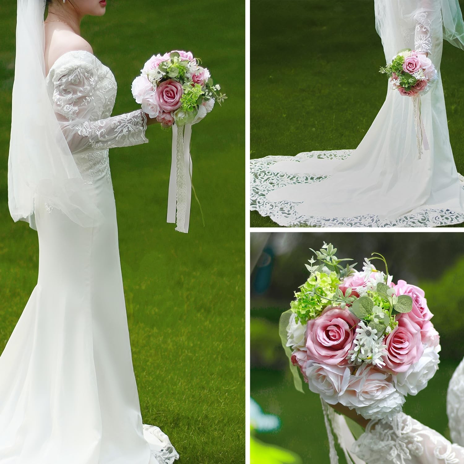 8.6in Blush Wedding Bouquets for Bride Bridesmaid, Pastel Pink White Green Bo…