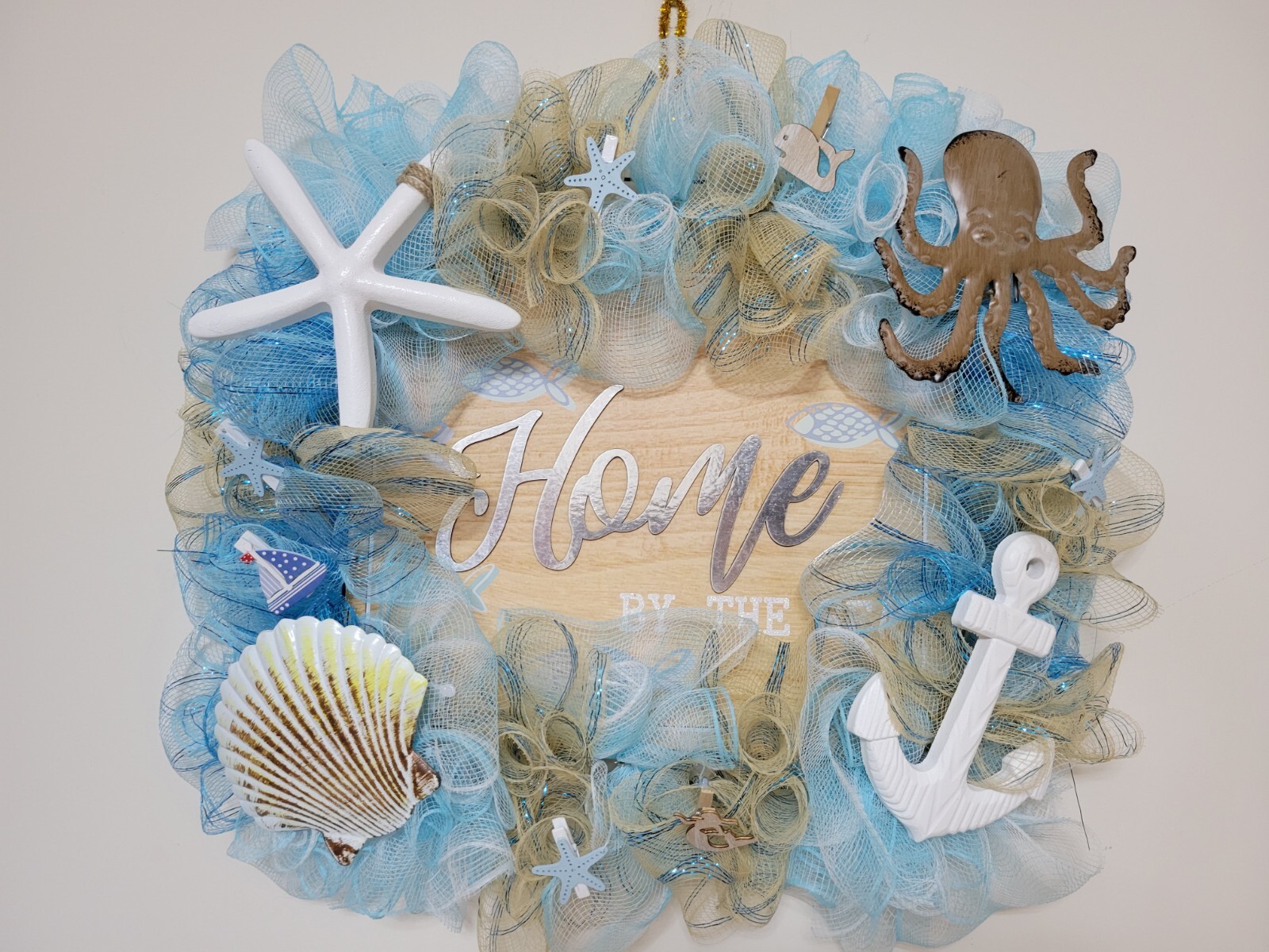 HOME by The Sea Coastal Spring Summer Mesh Front Door Wreath Wall Decor Beach