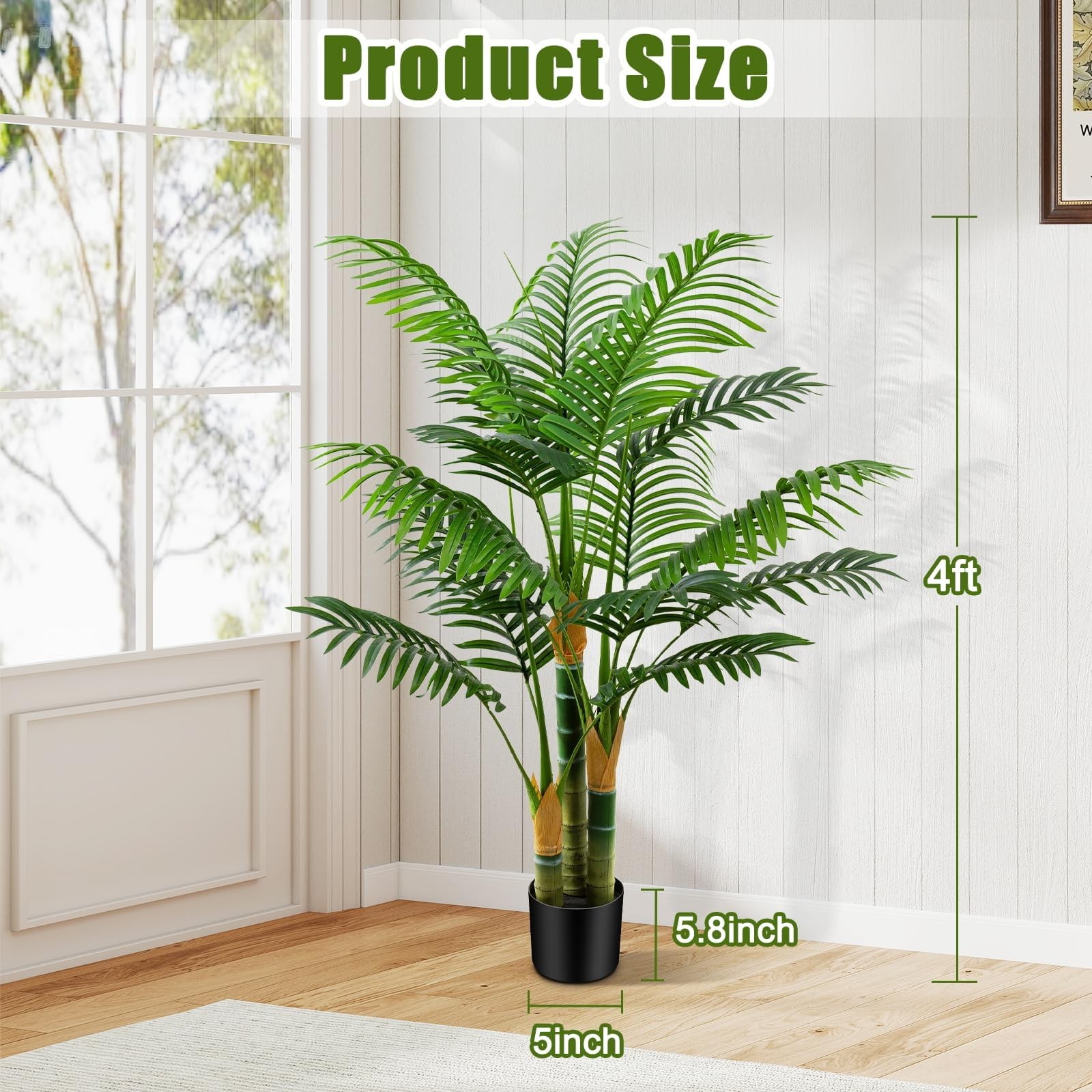 4ft Tall Golden Cane Artificial Tree Palm Outdoor, Large Artificial Plants Ou…