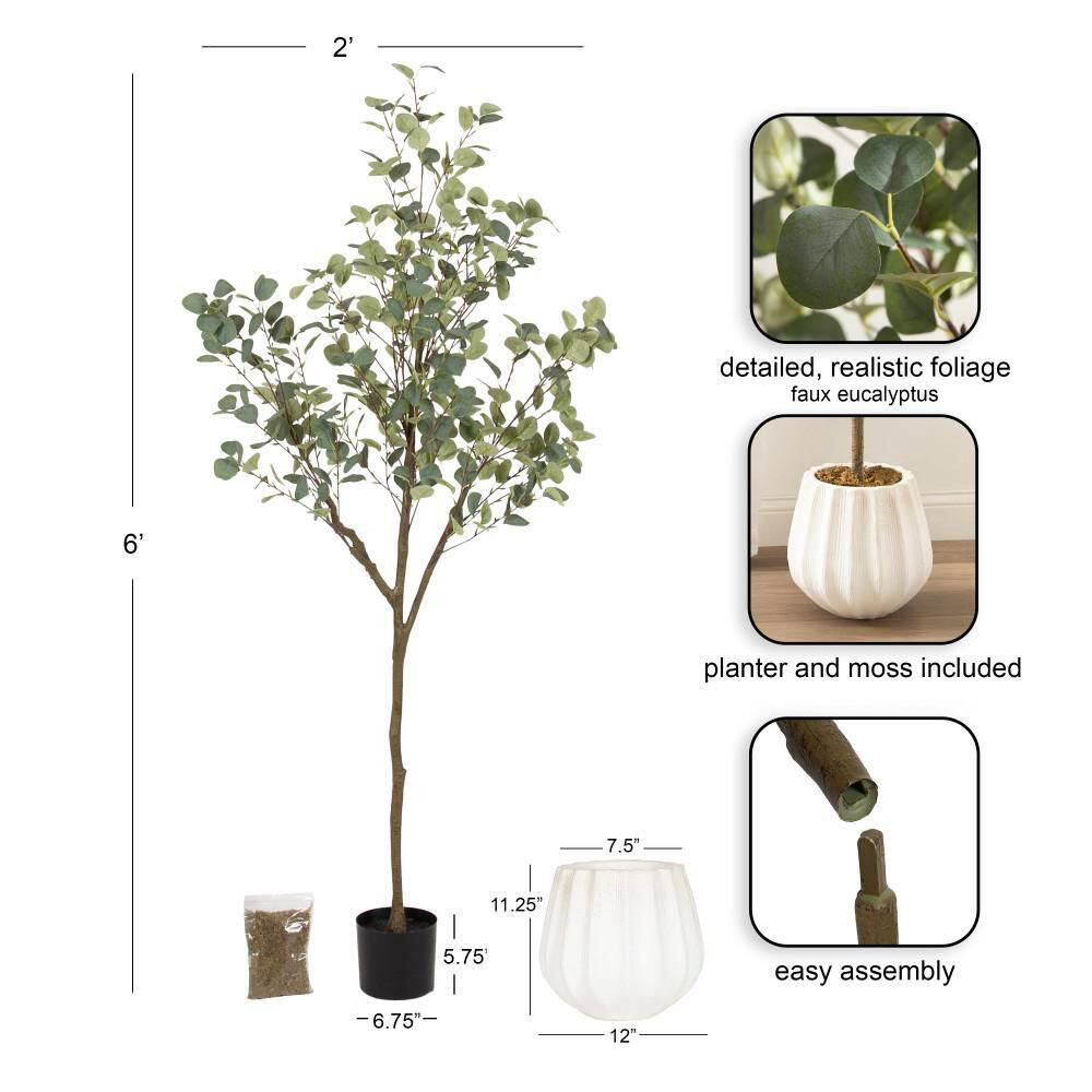 6 Ft. Artificial Eucalyptus Tree in White Ceramic Pot