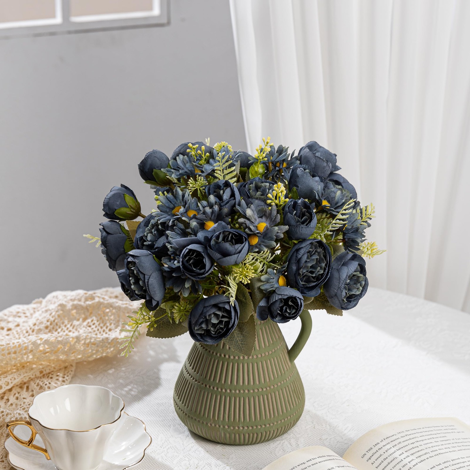 4 Bundles Artificial Peonies Dark Blue Silk Chrysanthemum Bouquet Wedding
