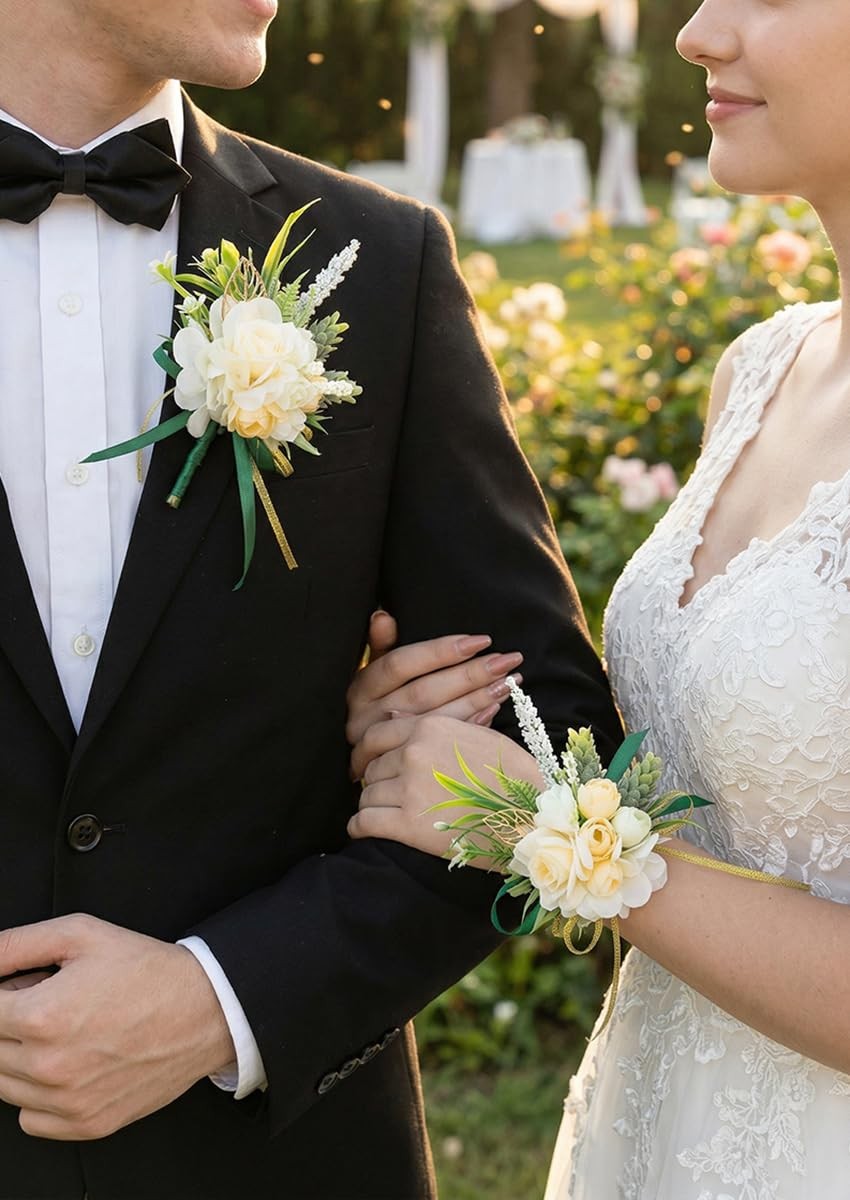 2 Pcs Wrist Corsage and Boutonniere Set, Champagne Corsage for Wedding, Bouto…