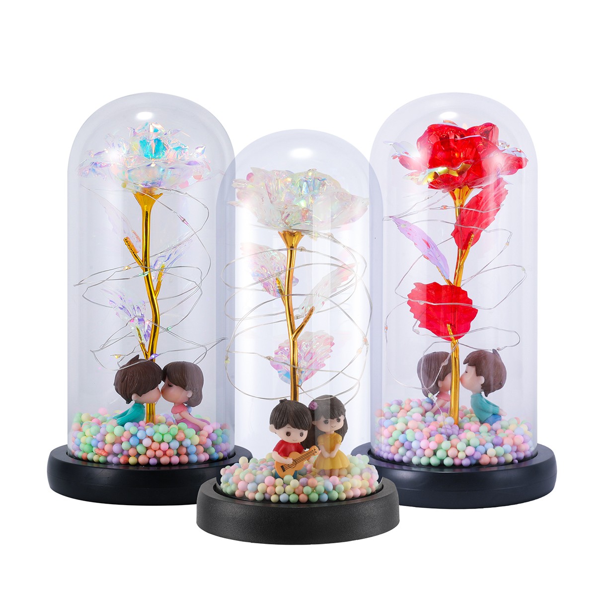Crystal Galaxy Rose & Doll In Glass Dome Led Lights Gift For Girlfriend Mom Wife