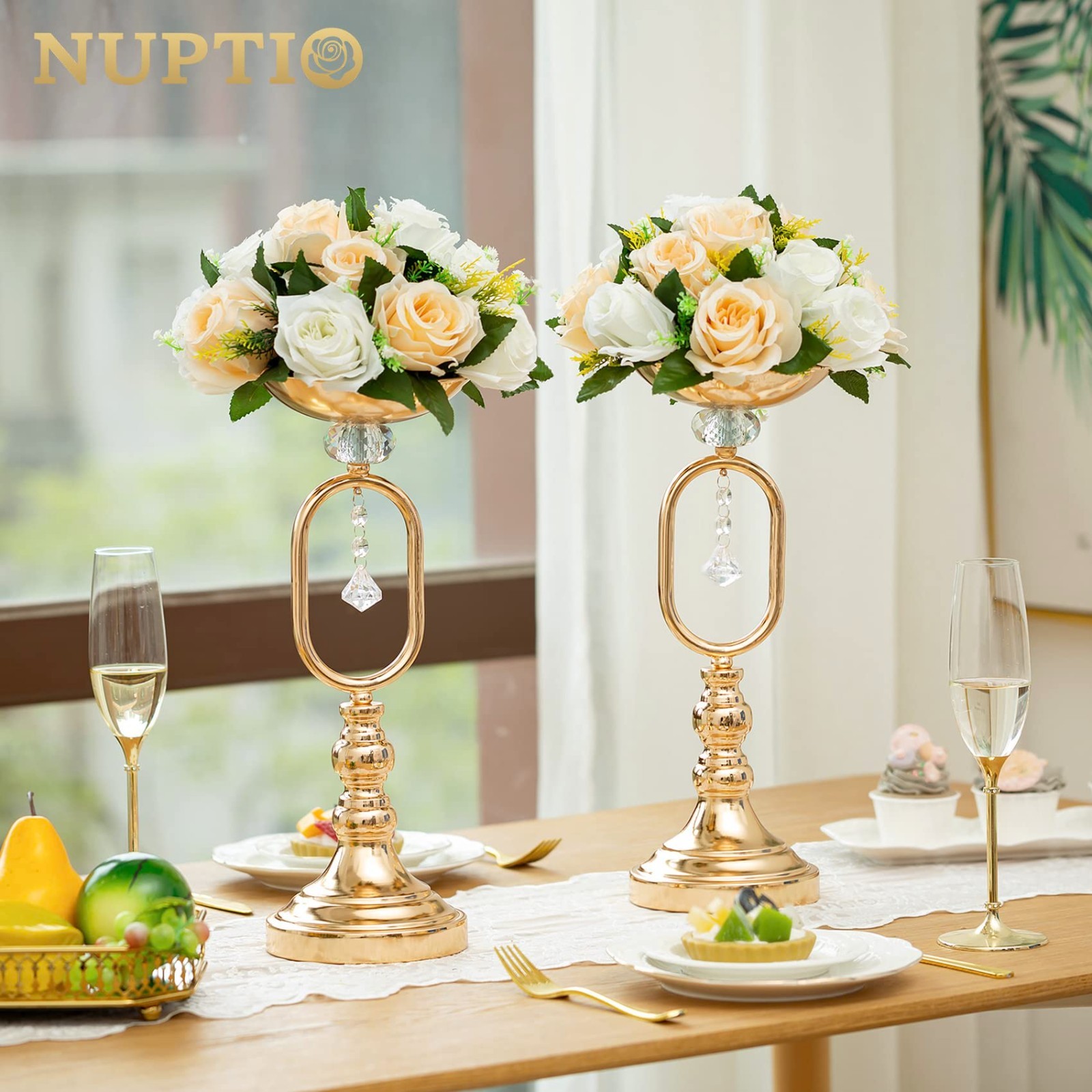 10 Pcs 9.5” Artificial Rose Flower Balls Centerpieces – Peach Champagne & White