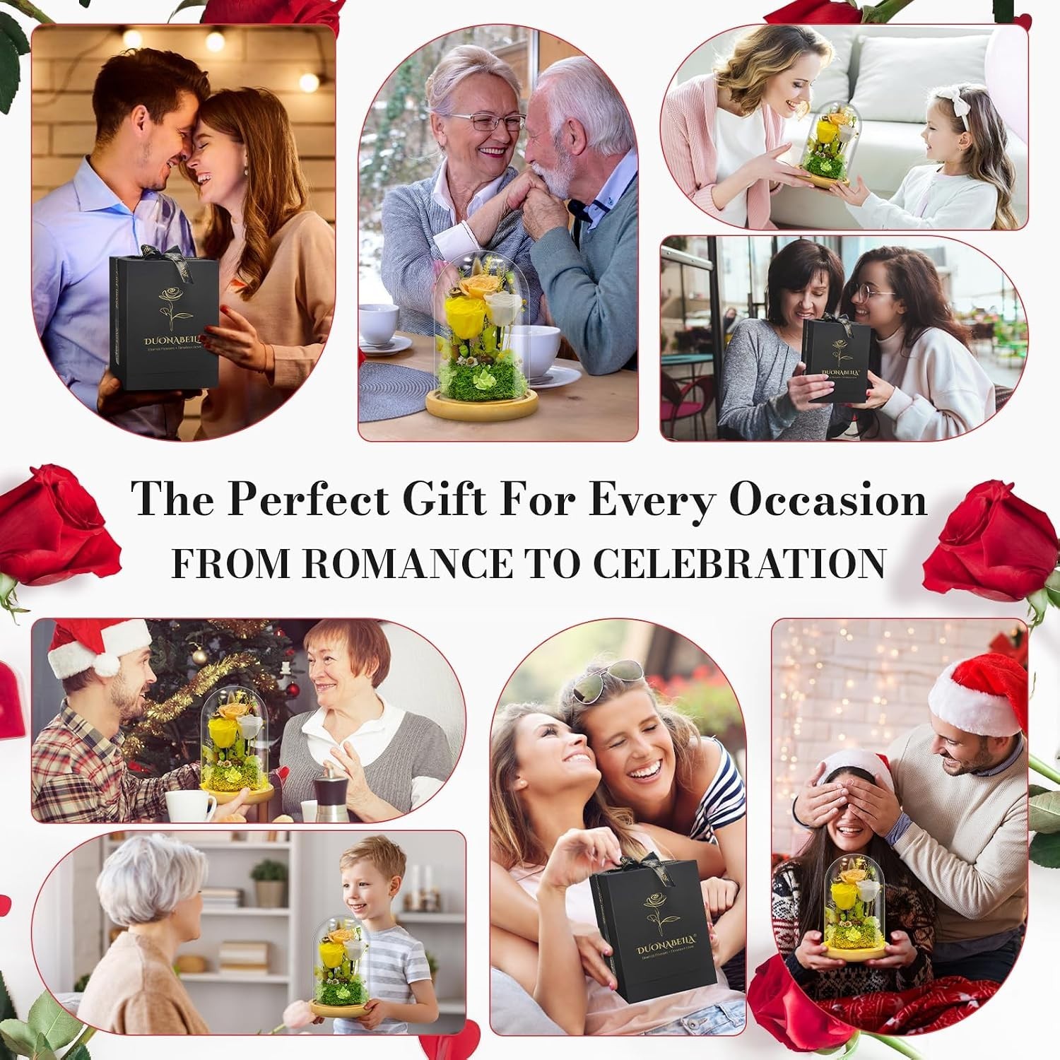 DUONABEILA Preserved Flowers Gifts for Mom Grandma, Eternal Rose in Glass Dome