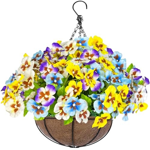 Pansies Fake Hanging Plants Pansy Flowers & Basket for Outdoor Outside