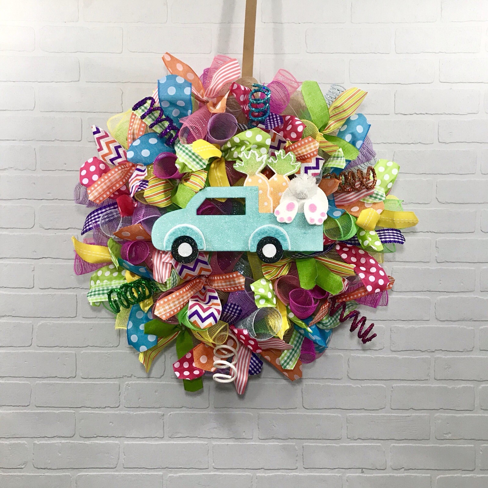 Easter, Spring, Bright, Pink, Blue, Yellow, Fun, Whimsical, Deco Mesh Wreath