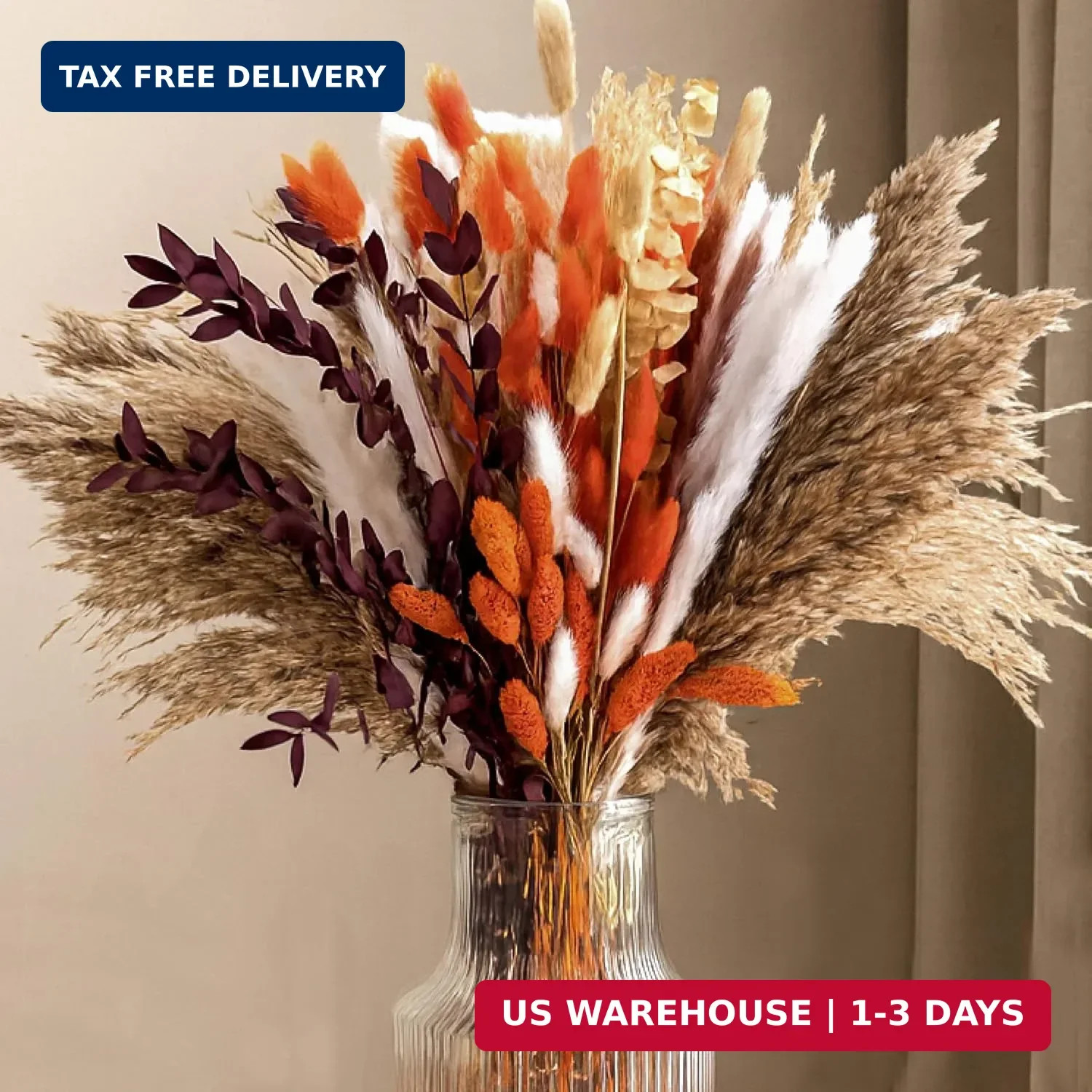 130Pcs Real Orange Pampas Grass, 17″ Natural Dried Flowers Boho Winter Decor, Mi