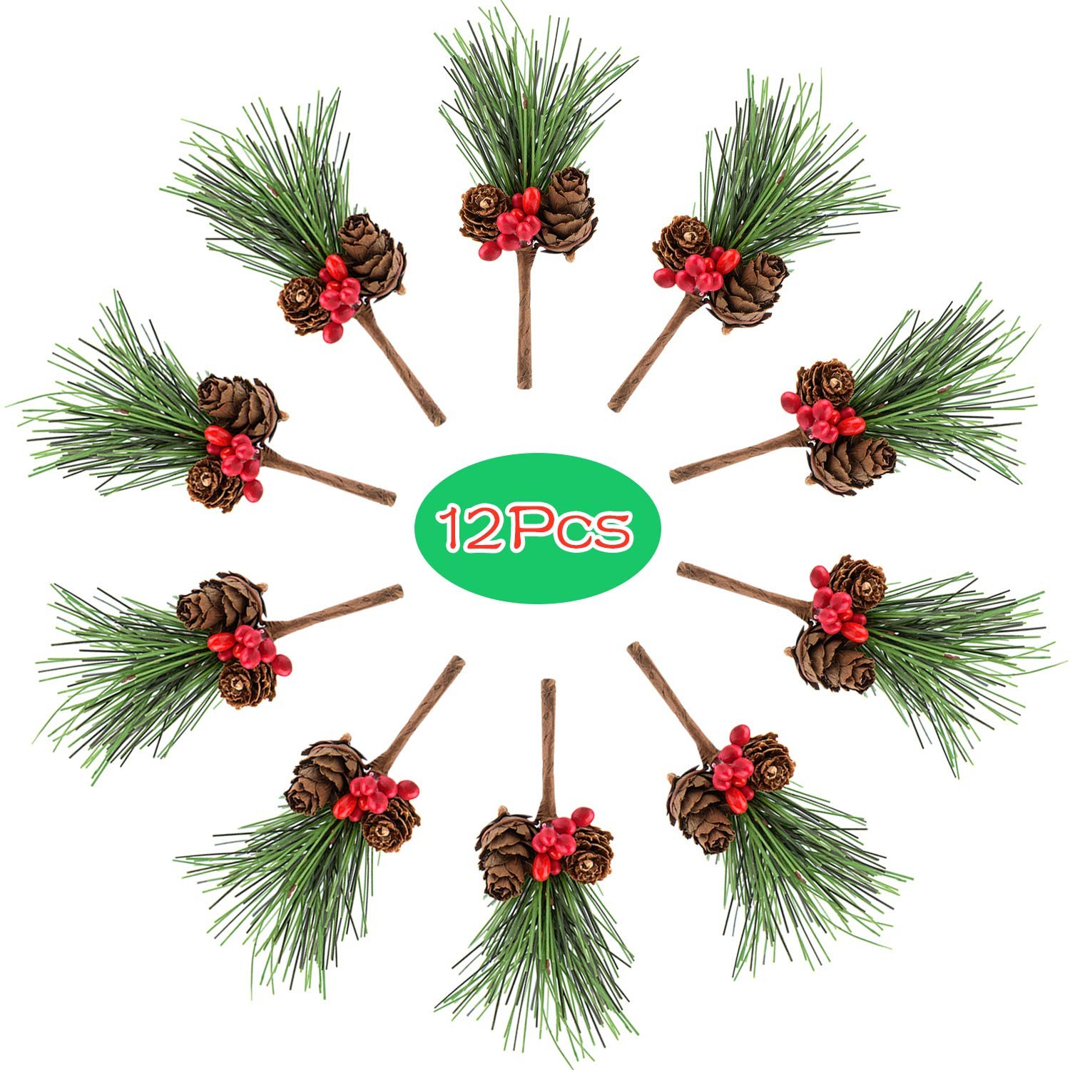 12 PCS Artificial Pine Cone Picks Decor Holly Berry Stems Picks for Christmas…