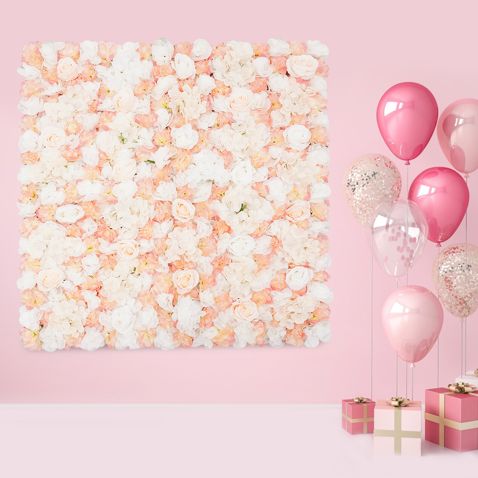 1*1m Artificial Floral Wall Champagne White Fake Floral Wall Panel W/ Pull Strap