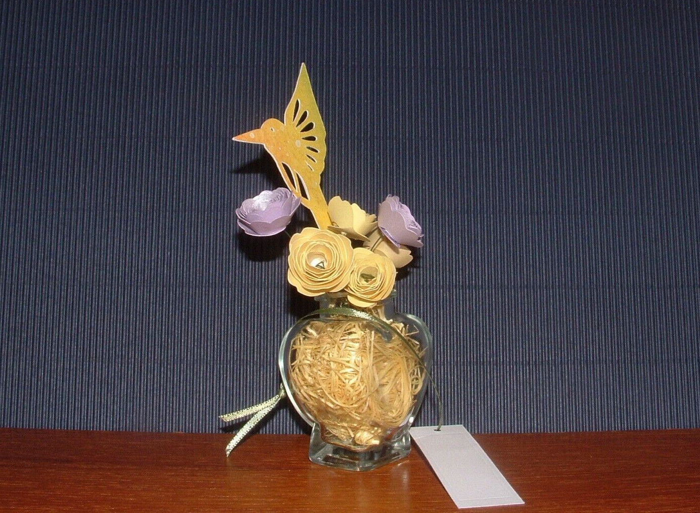 Hand Rolled Paper Flowers Hummingbird Bouquet, Glass Heart Vase, w/ Gift Tag