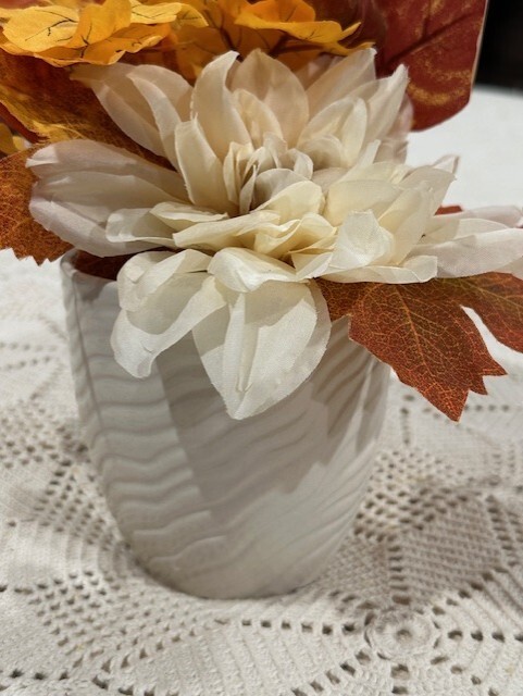 Perfect Harvest Floral Arrangement Fall Colors approx. Orange & white 8-11″ tall