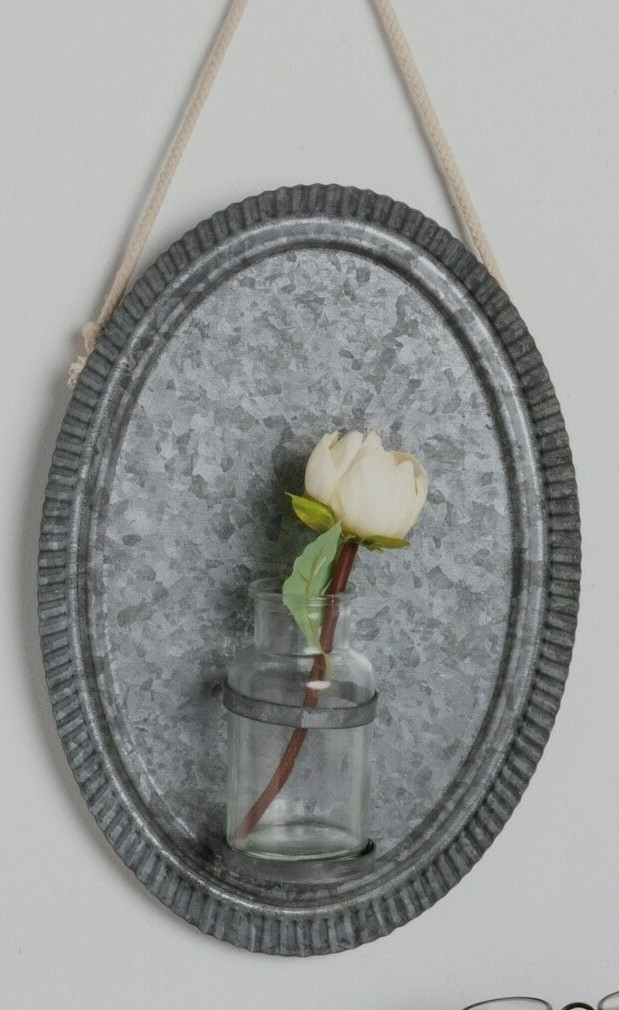 Tin Wall Plaque with glass Vase in distressed Tin