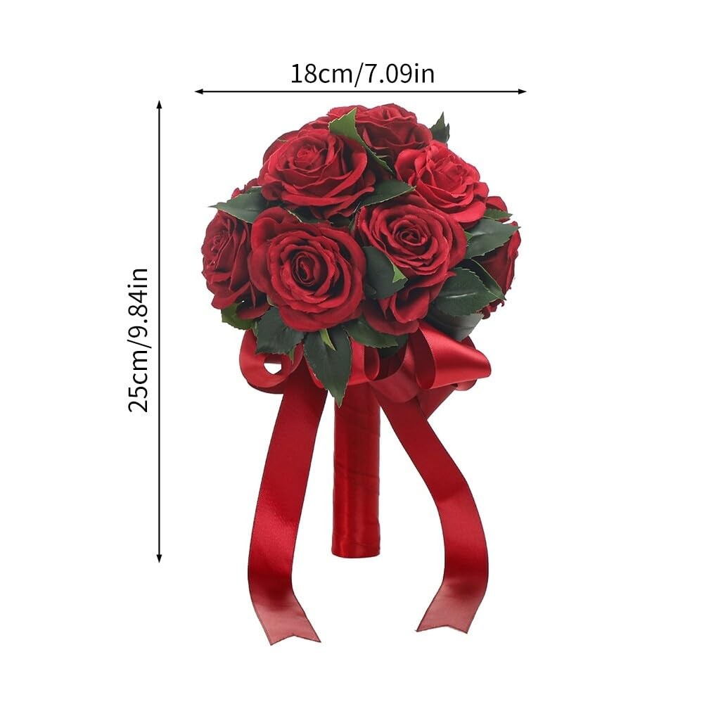 Wedding Bouquets Ribbon Artificial Dark Red Rose Bride Holding Flower