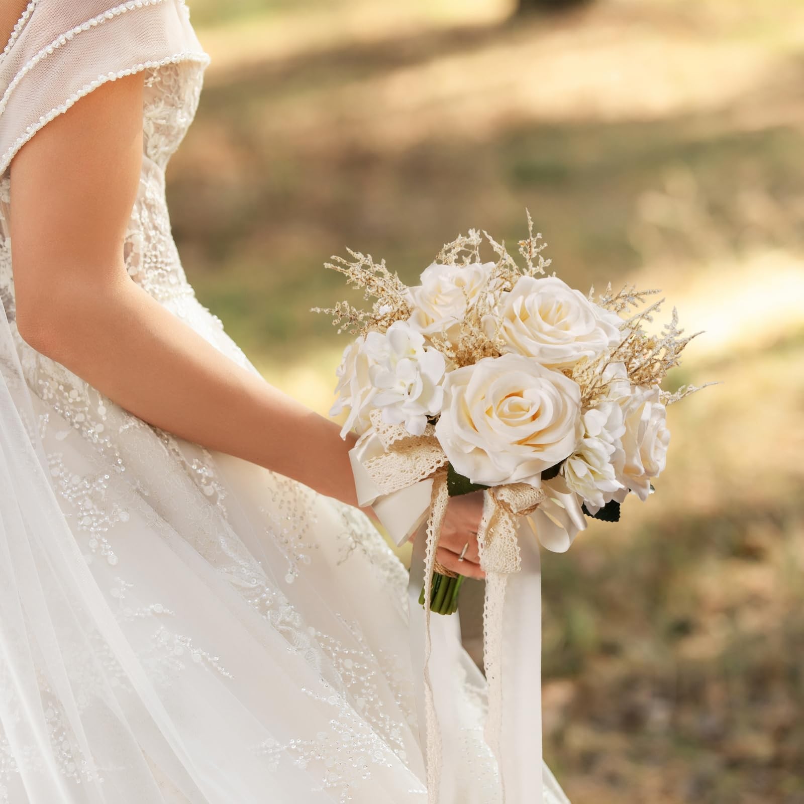 Wedding Bouquets for Bride, Champagne White Bridal Bridesmaid Wedding Flowers…