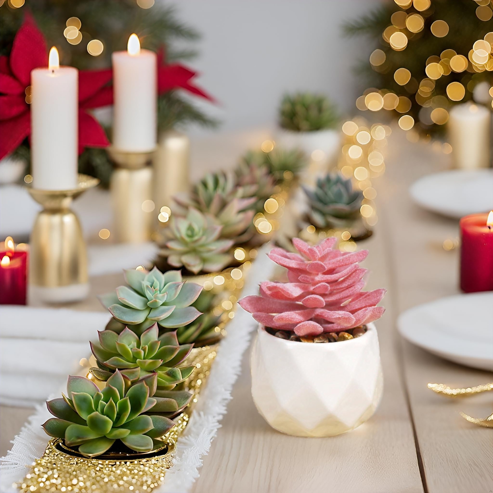 Mini Succulents Artificial Plants 4 Pack Rose Pink White Ceramic Pots Small