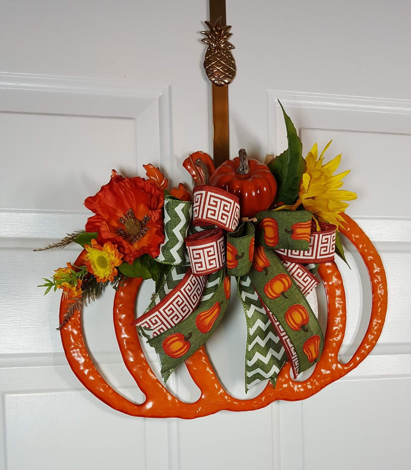 Orange Enamel Fall Pumpkin Wreath, Fall Halloween Decor, Sunflowers & Leaves